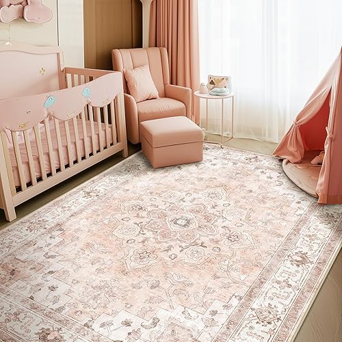 Machine Washable 6x9 Area Rugs for Living Room Vintage Carpet Non Slip Low Pile Water Repellent Soft Print Pattern for Bedroom Indoor Decor Polyester Rug Pink
