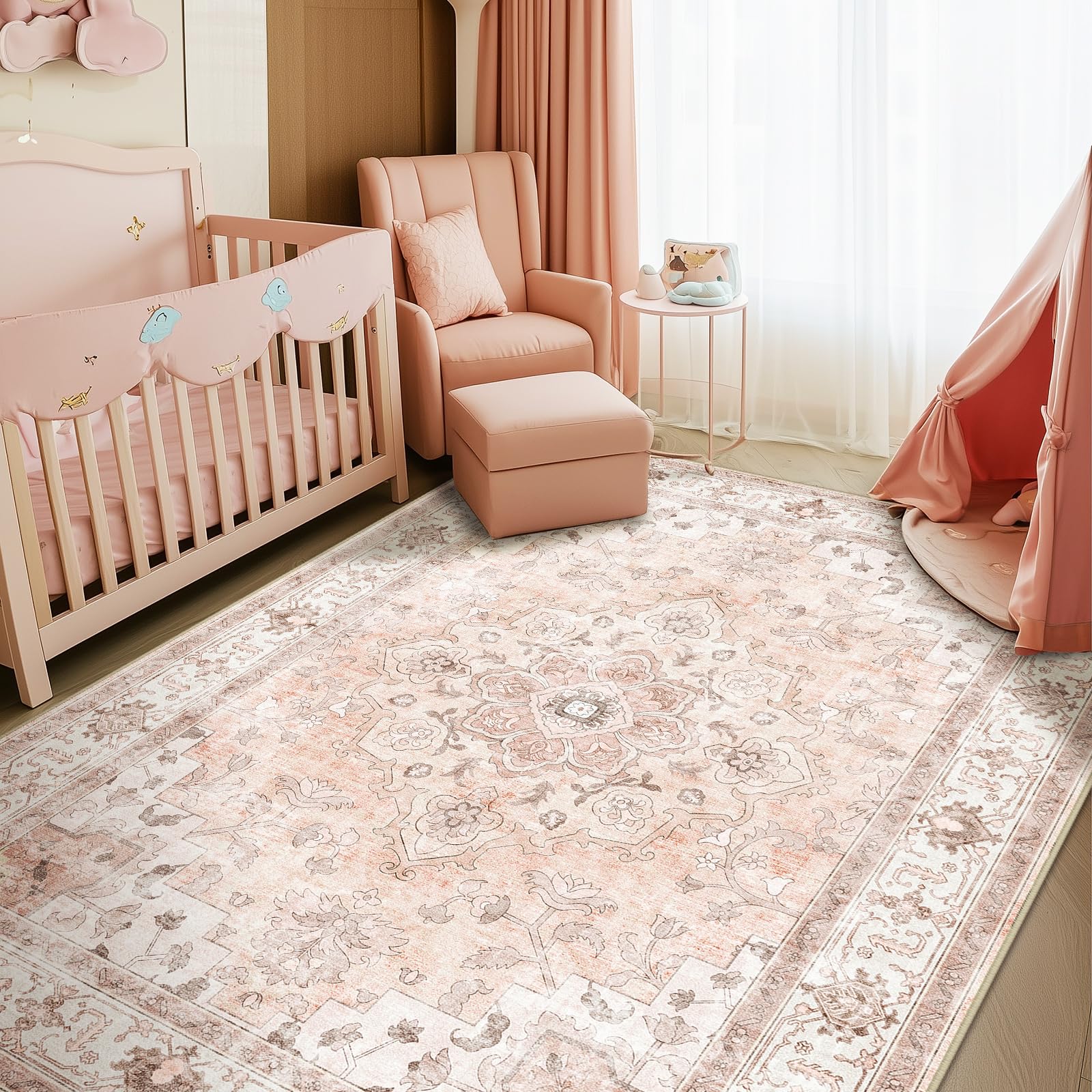 Machine Washable Rugs Nursery Rug 6x9 Cute Girl Non Slip Low Pile Water Repellent Soft Print Pattern for Bedroom Indoor Decor Kids Playroom Pink