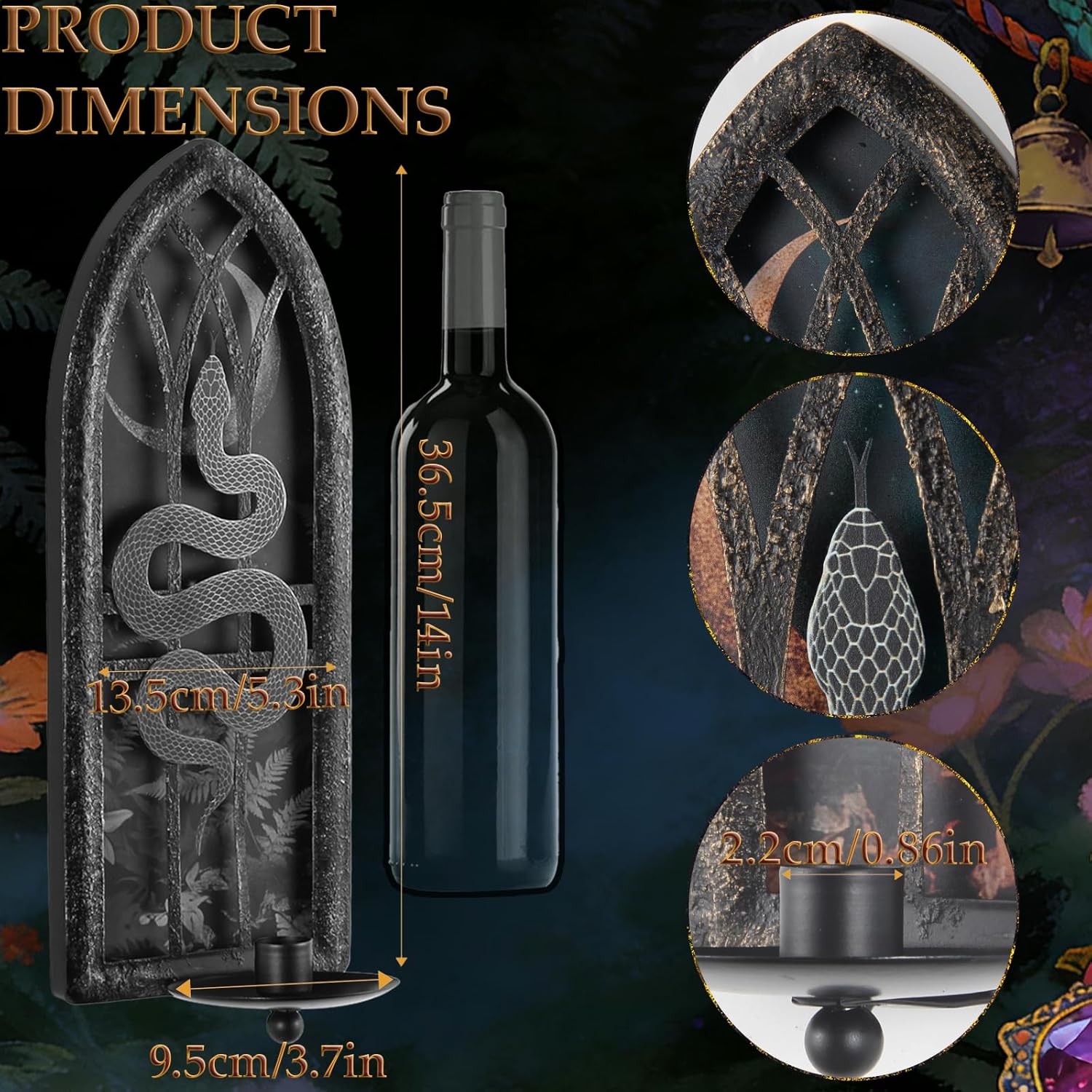 Gothic Wall Candle Sconces Set of 2, Snake and Moon Iron Wall Mounted Candelabra Holder with Removable Trays for Taper & Pillar Candles, Natural Aesthetic Boho Art Hanging Design Decor