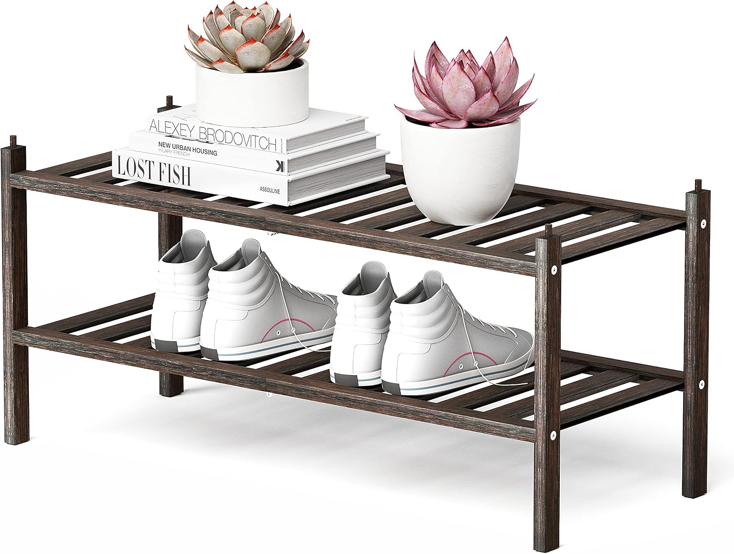 Qompaxs Shoe Rack 2 Tier, Bamboo Stackable Shoe Storage Organizer Unit Entryway Shelf, Detachable Porch Storage Rack
