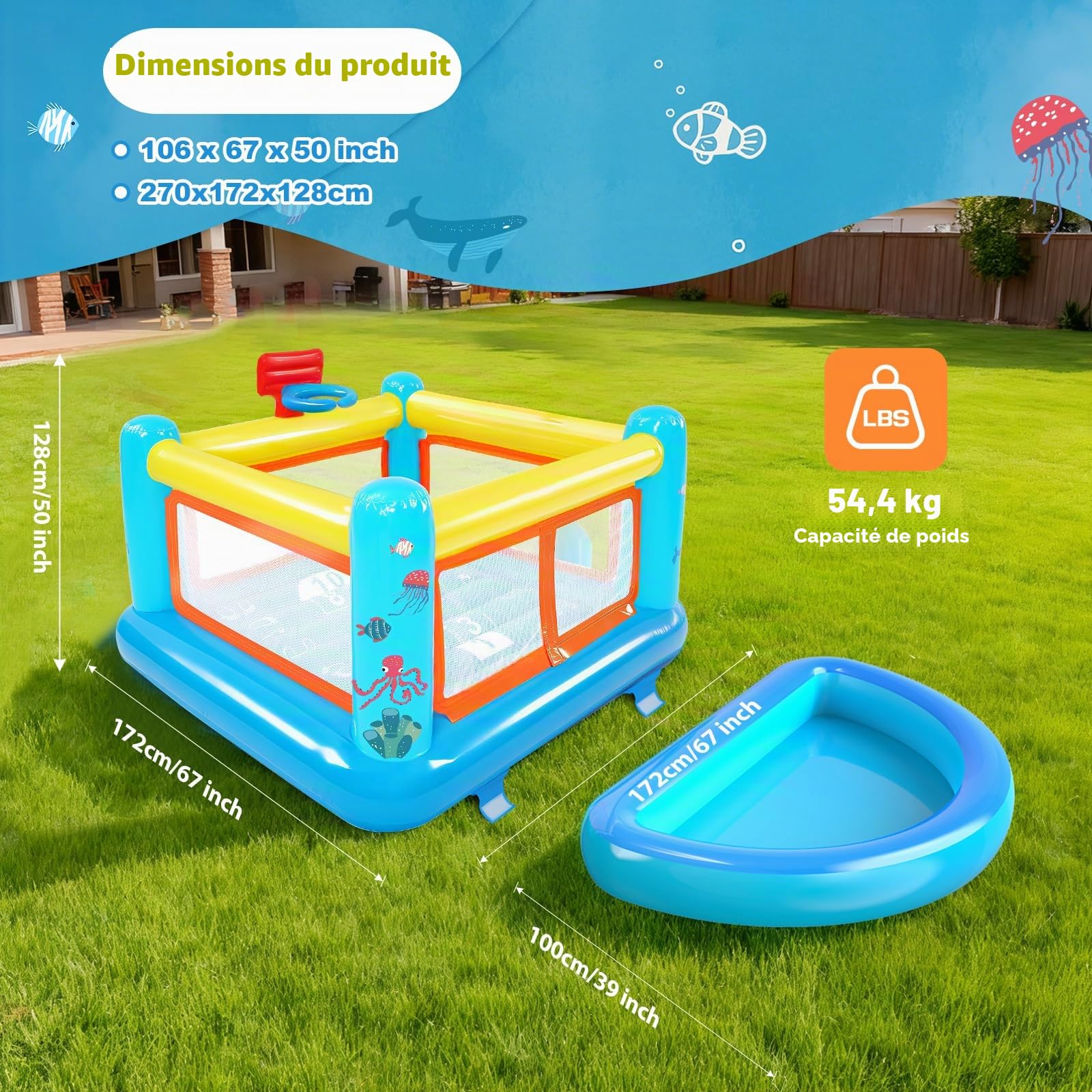 Château Gonflable Enfant 3-6 Ans Intérieur Extérieur, Structure Gonflable 4-en-1 avec Panier Basket Marelle Piscine Balles Amovible, Souffleur Inclus, PVC Résistant 270×170×127cm