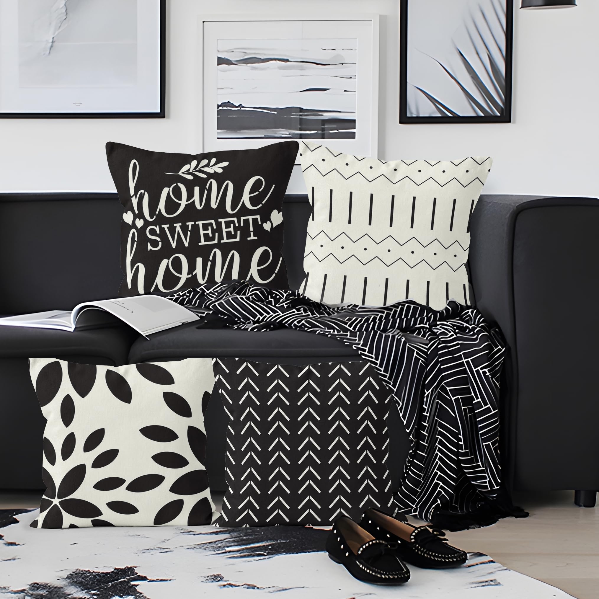 Housses de coussin géométrique noir et blanc 45x45 cm Aoihrraan pour déco salon