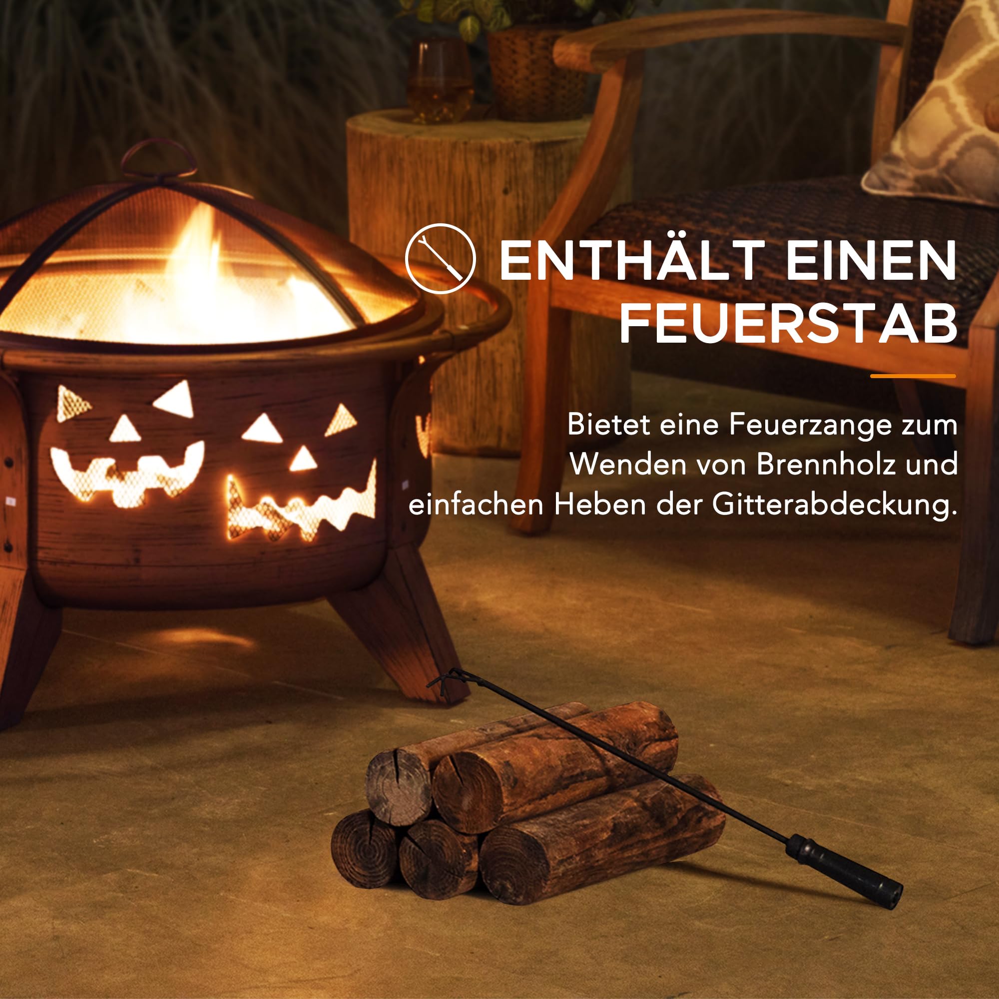 SUNJOY 76 cm Feuerstelle Outdoor Holzfeuerstelle Terrasse Jack-o-Lantern Motiv Runde Stahl Große Feuerstellen für Draußen mit Funkenschutz und Schürhaken