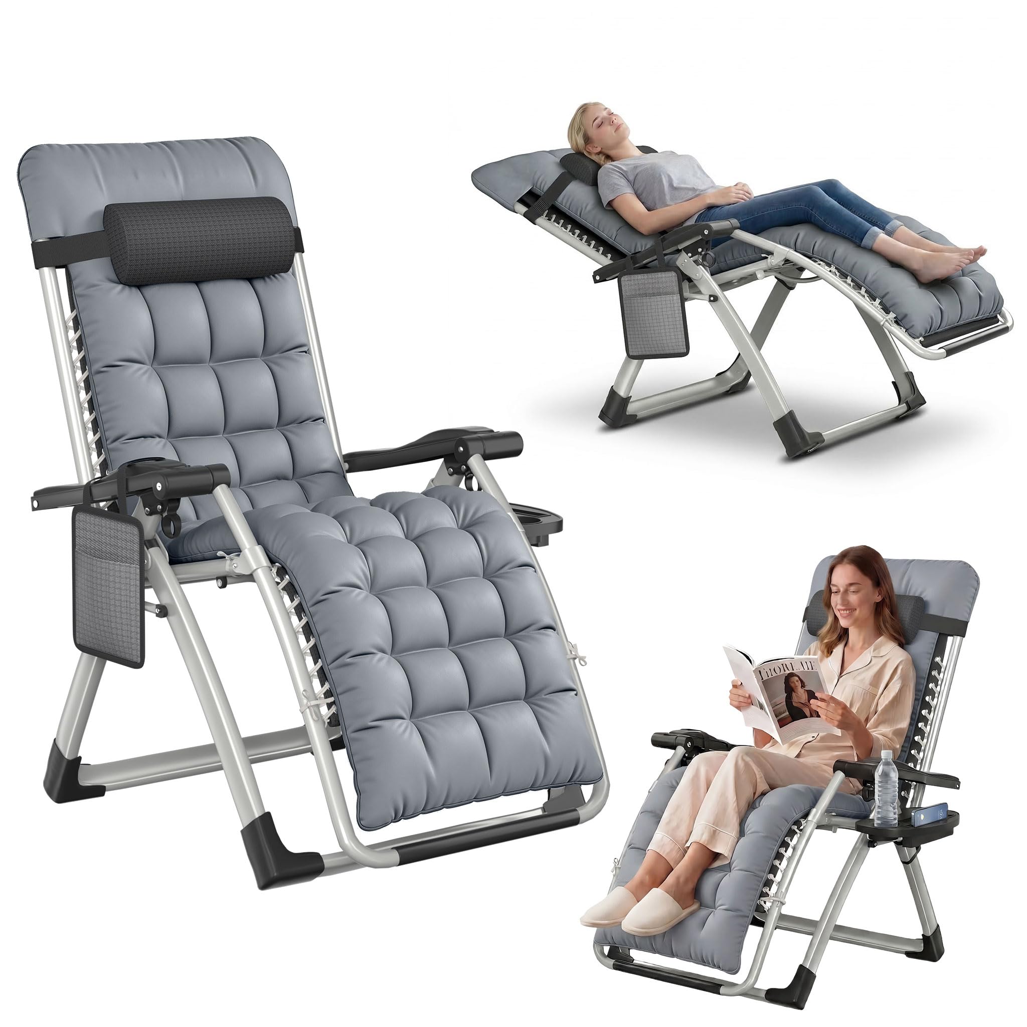 UISEBRT Liegestuhl Klappbar mit liegefunktion,Sonnenliege Verstellbar 90-170° mit Nackenkissen,Seitentasche & Getränkehalter -Relaxliege belastbar bis 160kg für Camping & Garten,Balkon