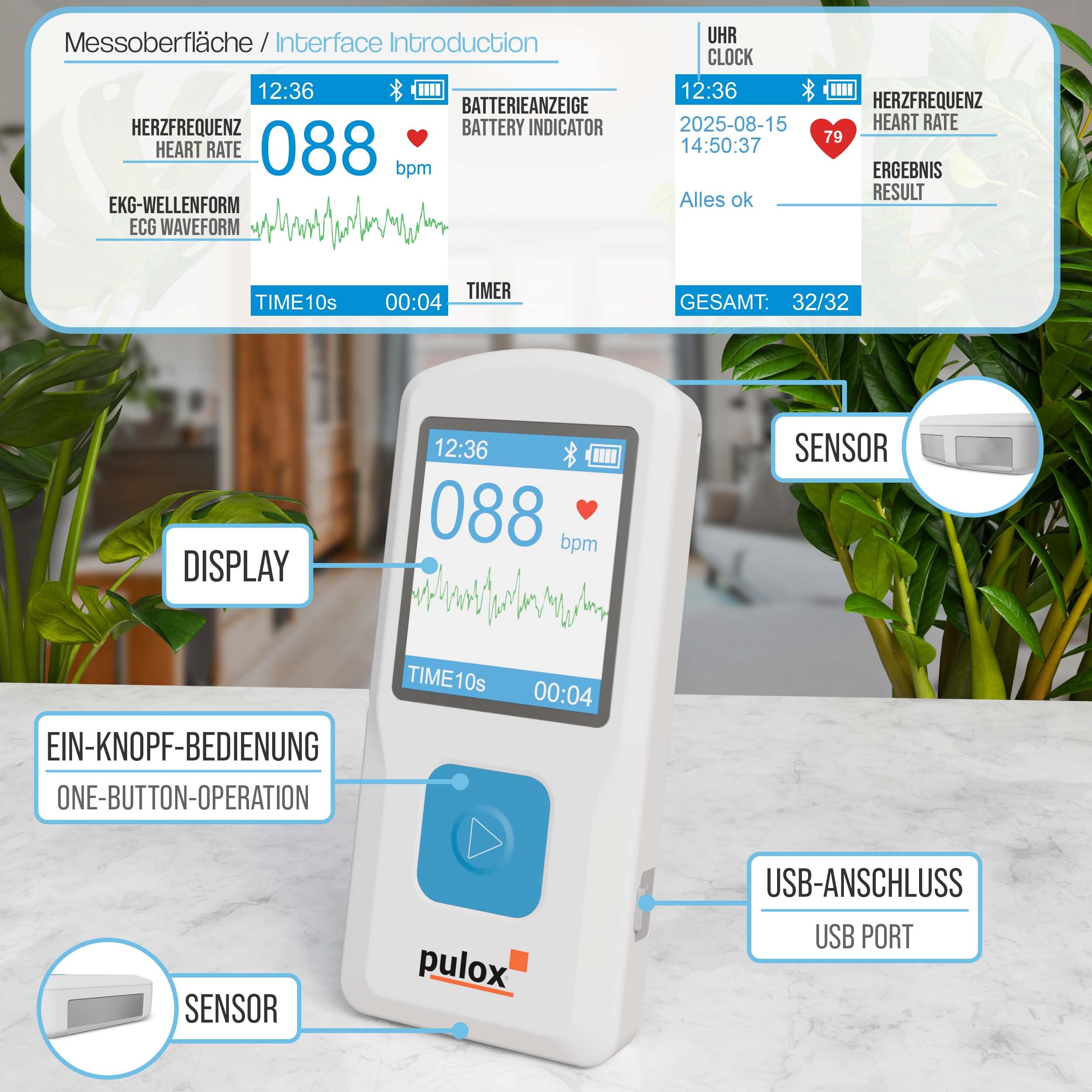 Pulox PM10 Mobiles Einkanal EKG-Gerät mit App & PC-Software | Wireless EKG-Monitor für Zuhause mit Analysefunktion, Messdaten bequem per Smartphone-App und PC auswerten