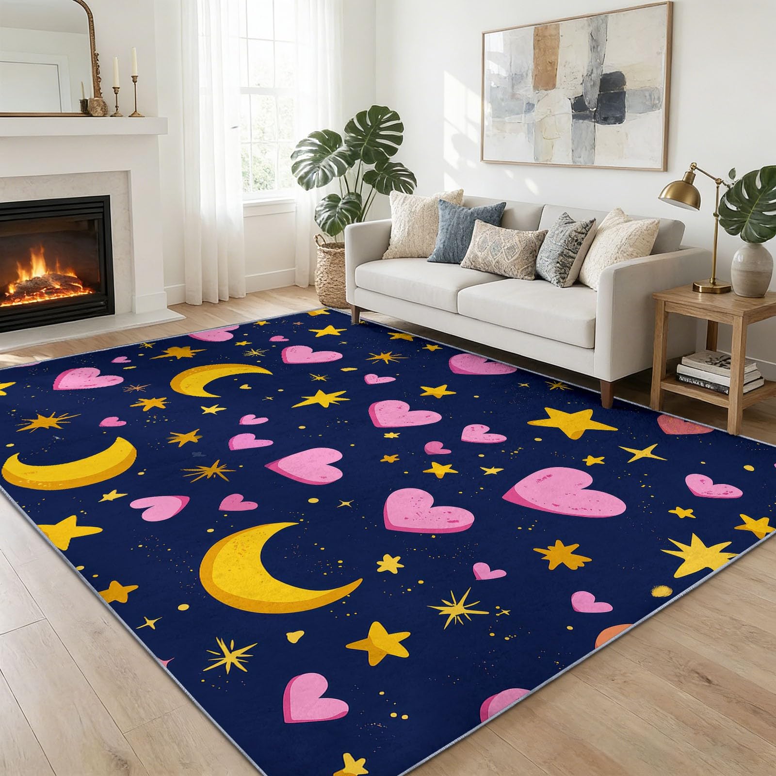 Generisch Teppich Waschbar 80 x 150 cm,Sterne Mond Herz Teppich, Kinderzimmer Gemälde rutschfest Zusammenklappbar Teppiche Gegend für Schlafzimmer Küche, Sternenhimmel