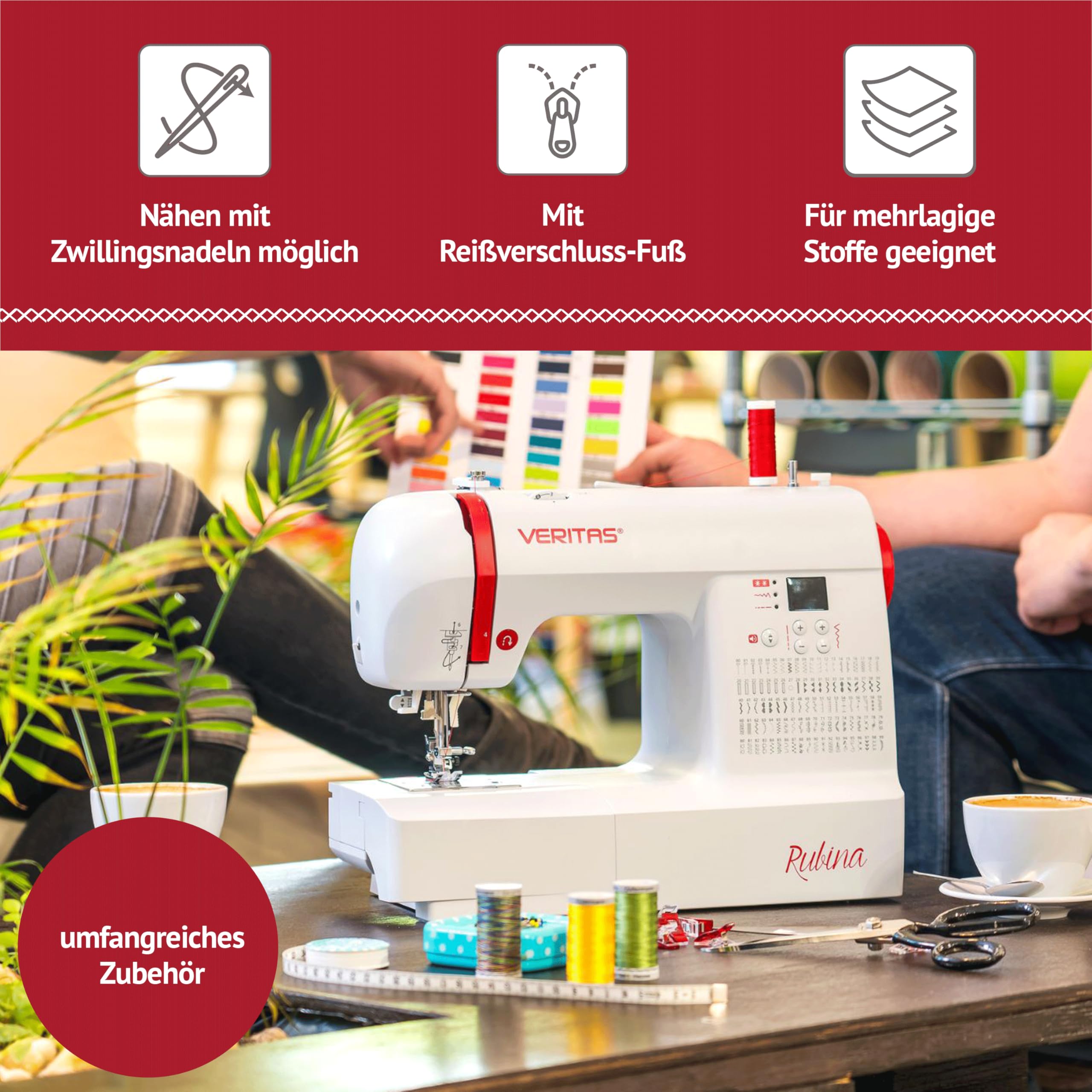 VERITAS Nähmaschine Rubina I Digitale Computer-Nähmaschine I 100 Stichprogramme I Auto-Fadenspannung & Einfädelhilfe I Fadenabschneider I Einstellbare Stichlänge I LCD-Display & LED-Nählicht (weiß)