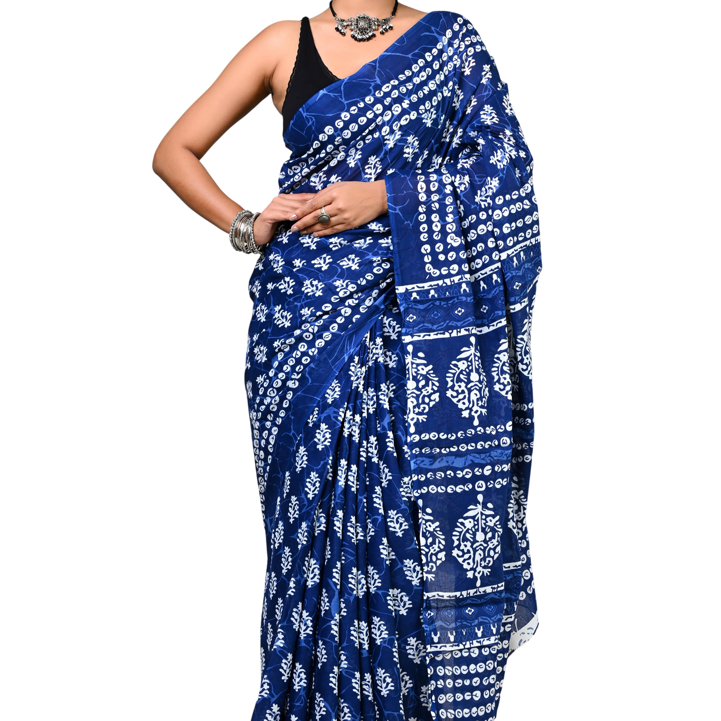 Women’s Indigo Blue Printed Cotton Saree with Blouse Piece | Traditional Hand Block Style Soft Saree | Ethnic Party Daily Lightweight Draped Saree for Women-picture-35