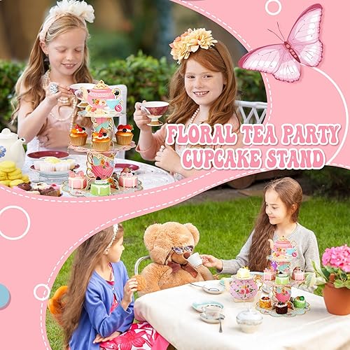 Miniatura 5 de Zopeal 2 piezas de decoración floral para cupcakes de fiesta de té de 3 niveles, soporte floral para cupcakes, torre de postre de cumpleaños floral
