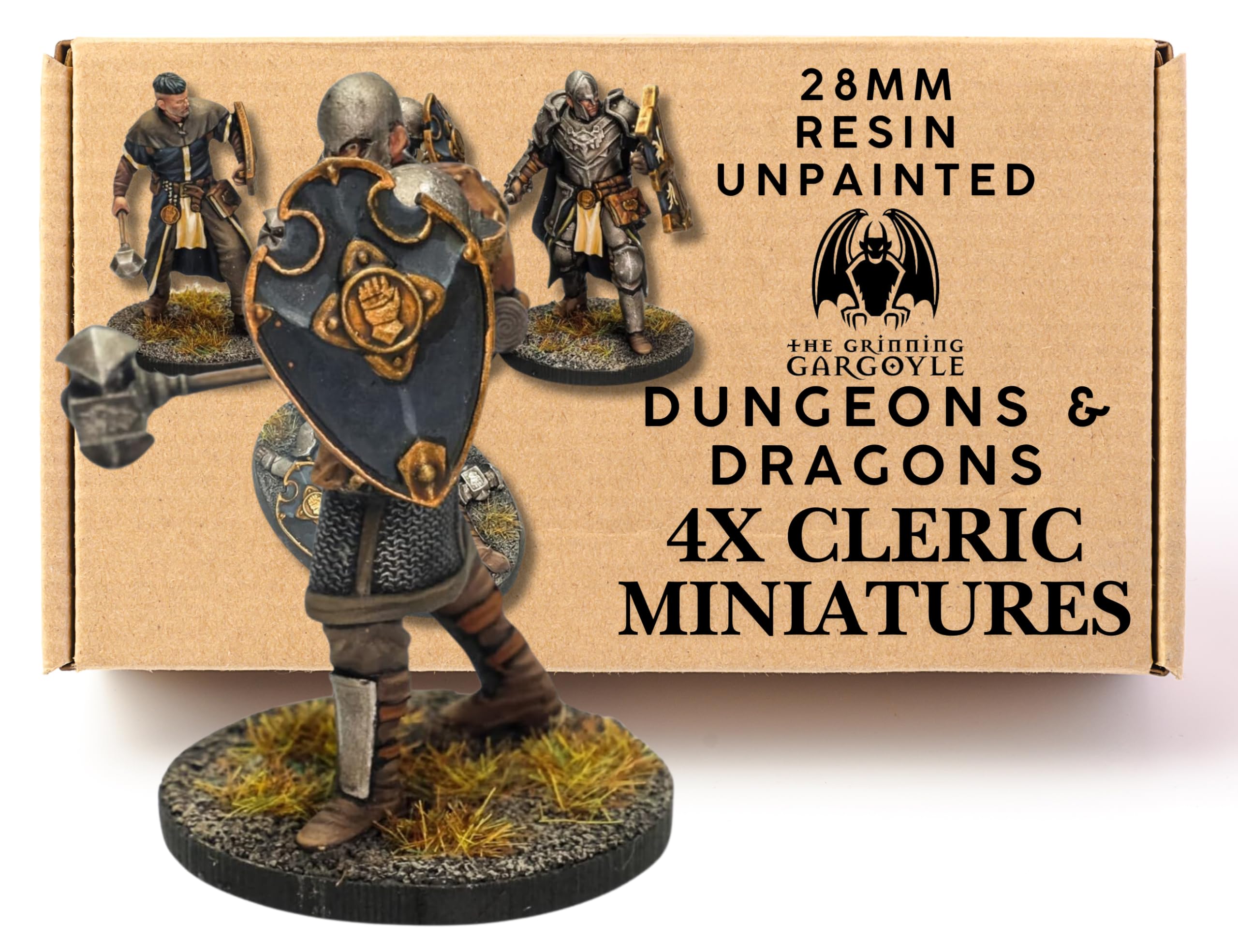 Grinning Gargoyle - Adventurers 4 Pack - 28mm Resin Highly Detailed Tabletop Fantasy RPG Miniatures - Paintable Character Figures - Delve into Dungeons Fight Dragons Battle Epic Encounters (Cleric)