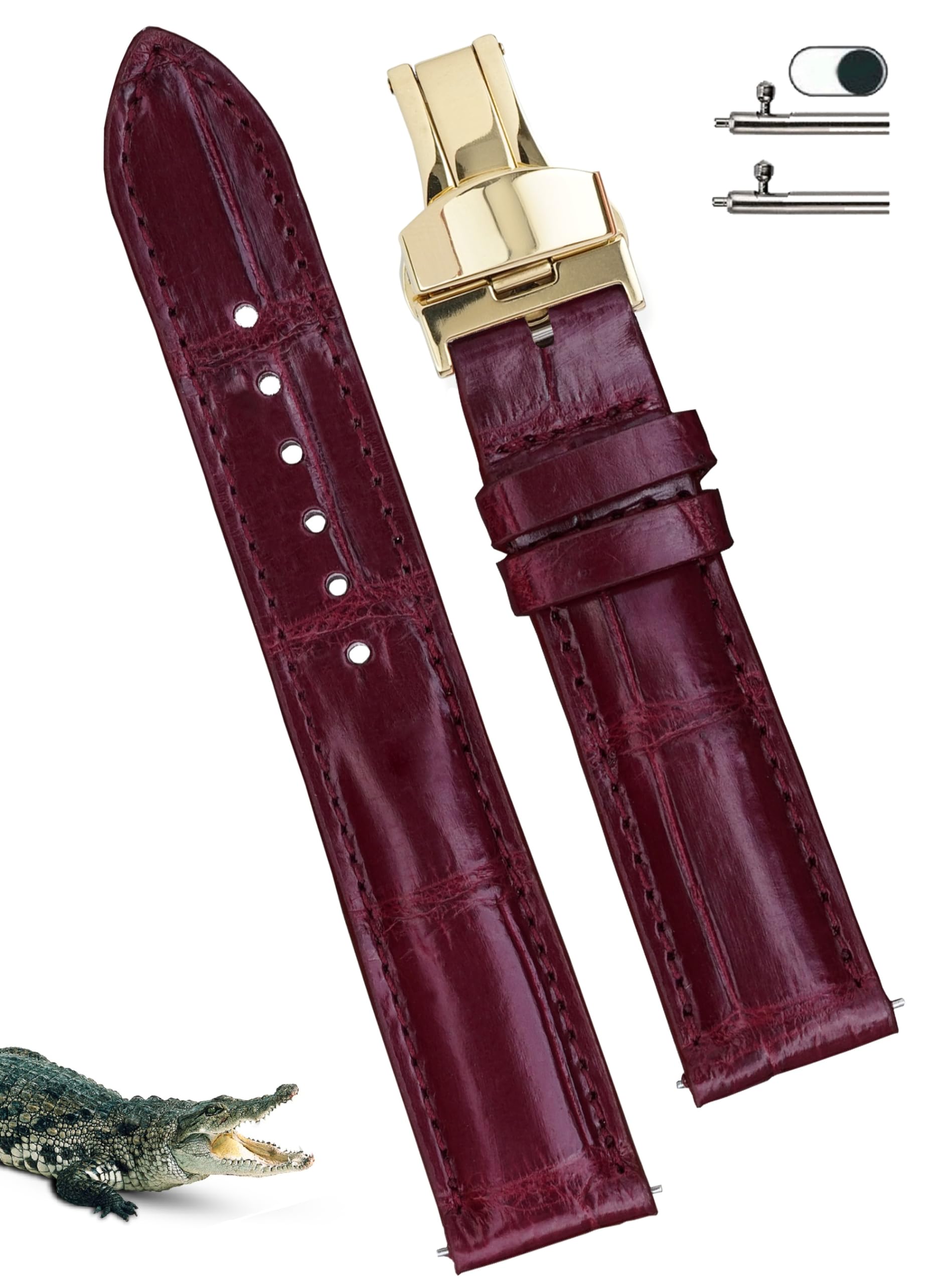 [vinacreations] 18mm ワインレッド クロコダイル腕時計ベルト ディーバックル メンズ ワニ交換用時計バンドクイックリリースバネ棒 腕首ゴールド Dバックル付き 男性用 ハンドメイド 手作りDH-70DG-18MM