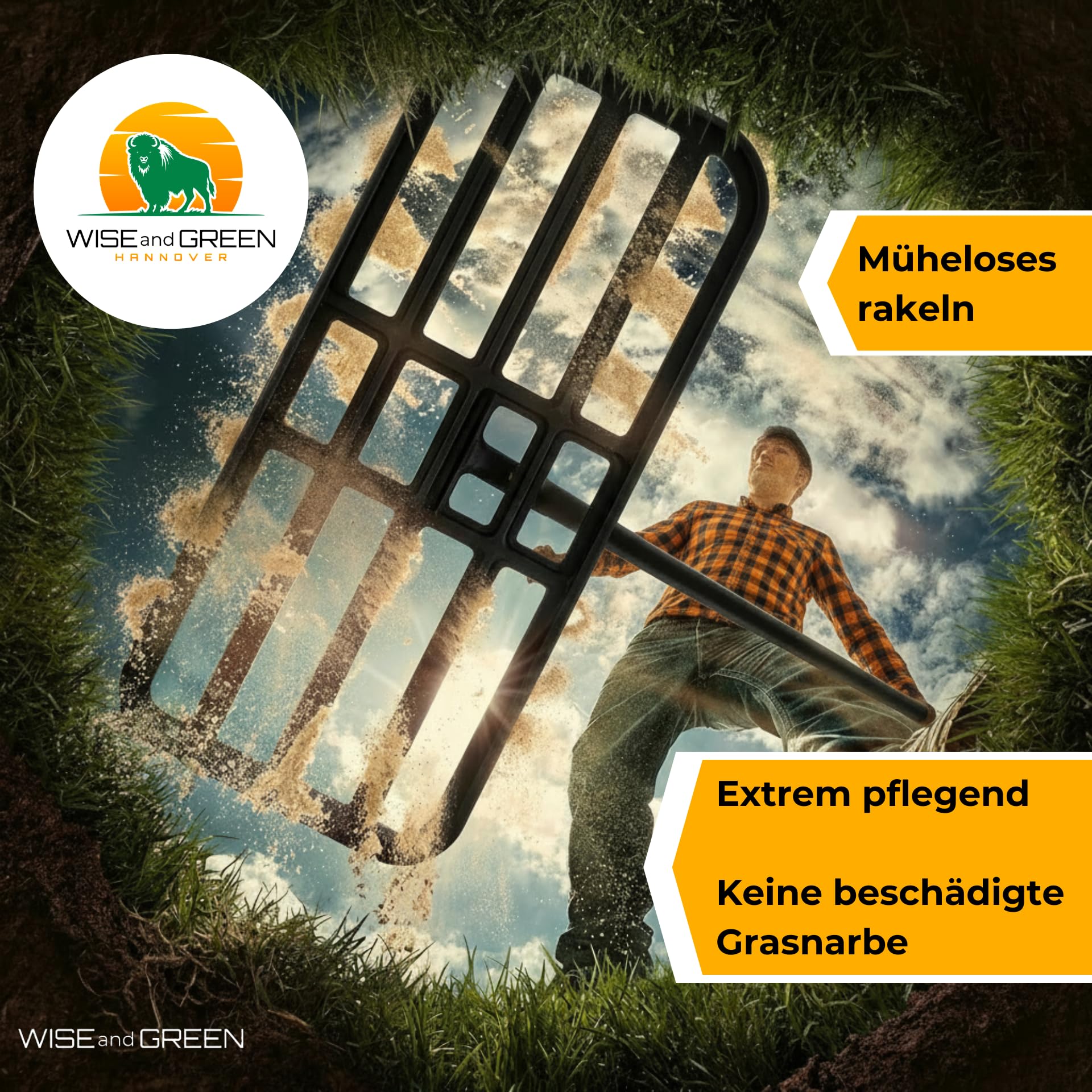 Rasenrakel für Ebenen Rasen | WISEandGREEN 80x30cm | Edelstahl | Kein Verhaken · Abgerundete Ecken · Holzstiel · Nivellierrechen
