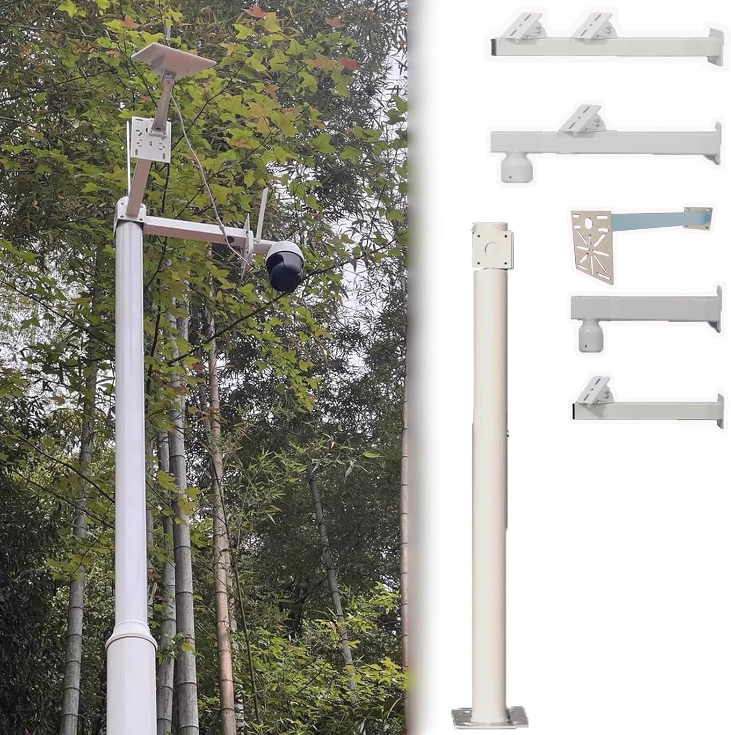Adjustable 14.8 ft Security Camera Pole Stand, White Surveillance Mount for Solar Panels, Guns, - Versatile Multi-Angle Monitoring Solution for Commercial Use