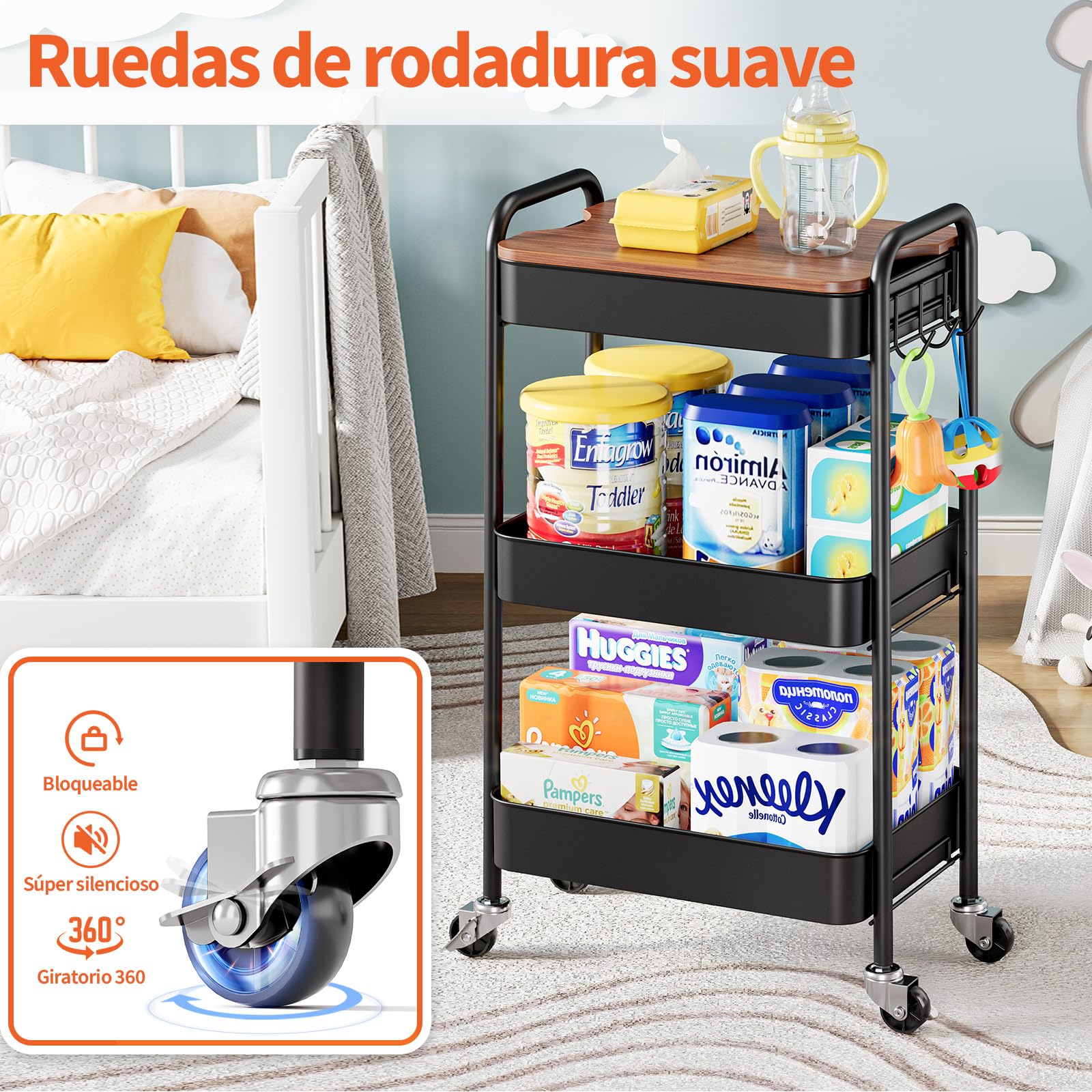KINGRACK - Carrito de almacenamiento de 3 niveles de metal con ruedas y superficie de trabajo de madera extraíble, mesa con cubierta, carrito para belleza, libros, manualidades, té y arte para el