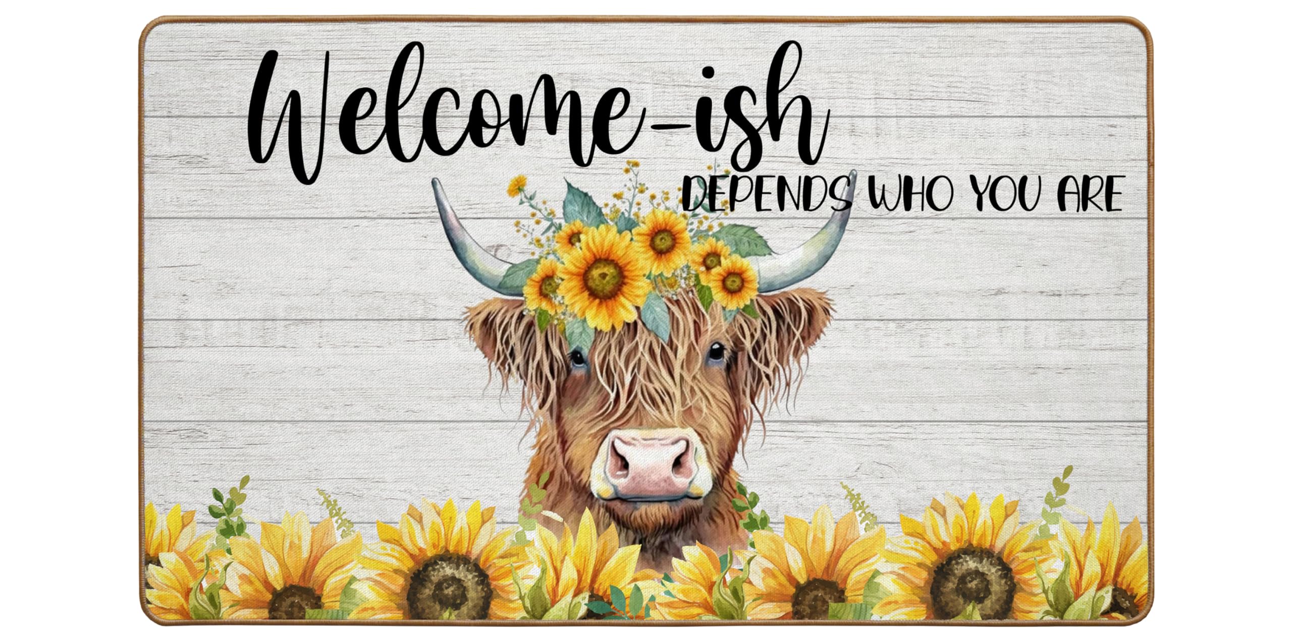 ETYZE Cute Welcome Mat Outdoor Front Door Doormat Outdoor Entrance Summer Funny Highland Cow Sunflower Doormats Kitchen Mats for Outside Entry, Gifts for Women Cow Lover, 30x17 Inch