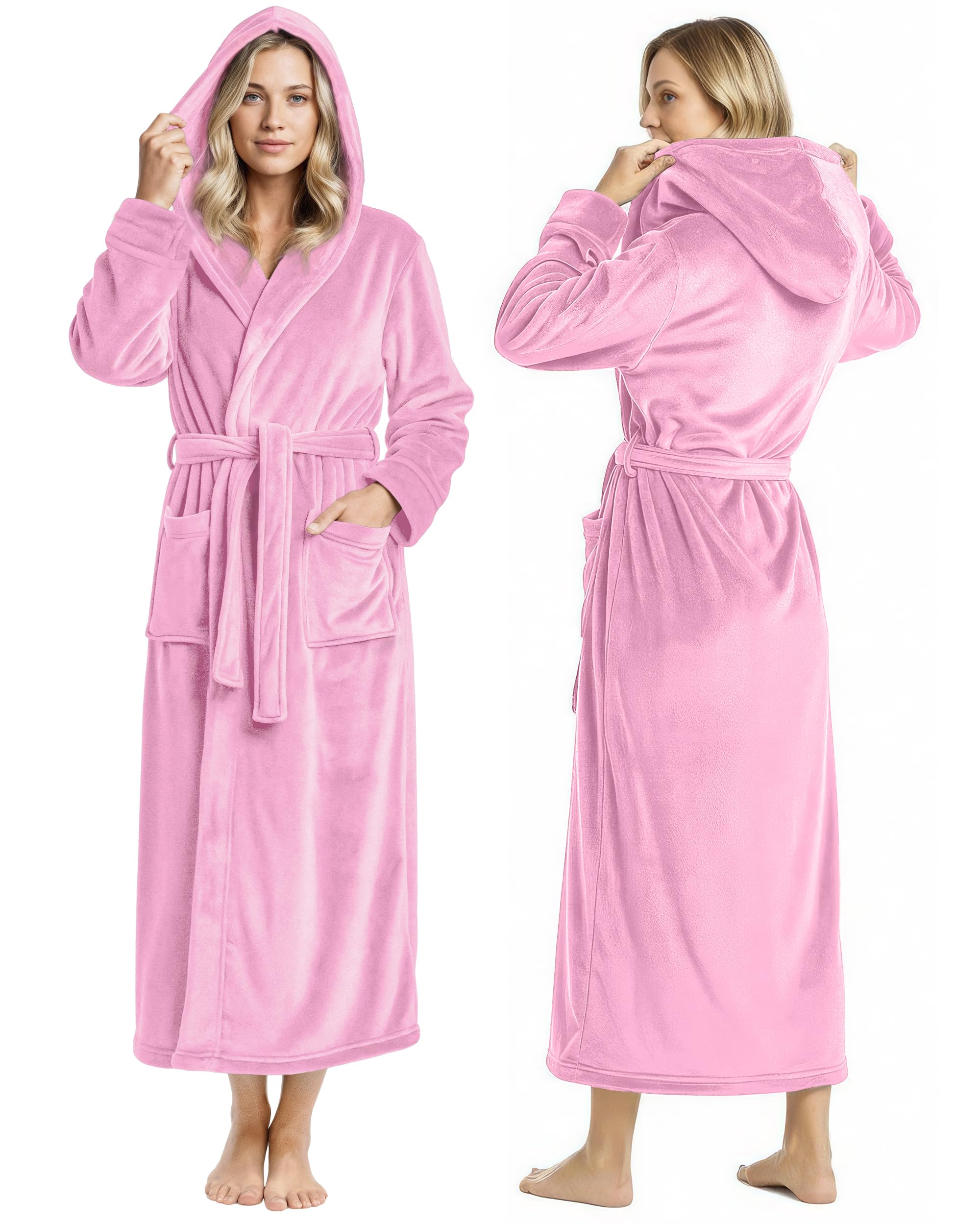 NY Threads Premium Womens Robe with Hood, Plush Fleece Long Bath Robe for Women, Fluffy Soft Women's Bathrobe, Medium, Pink