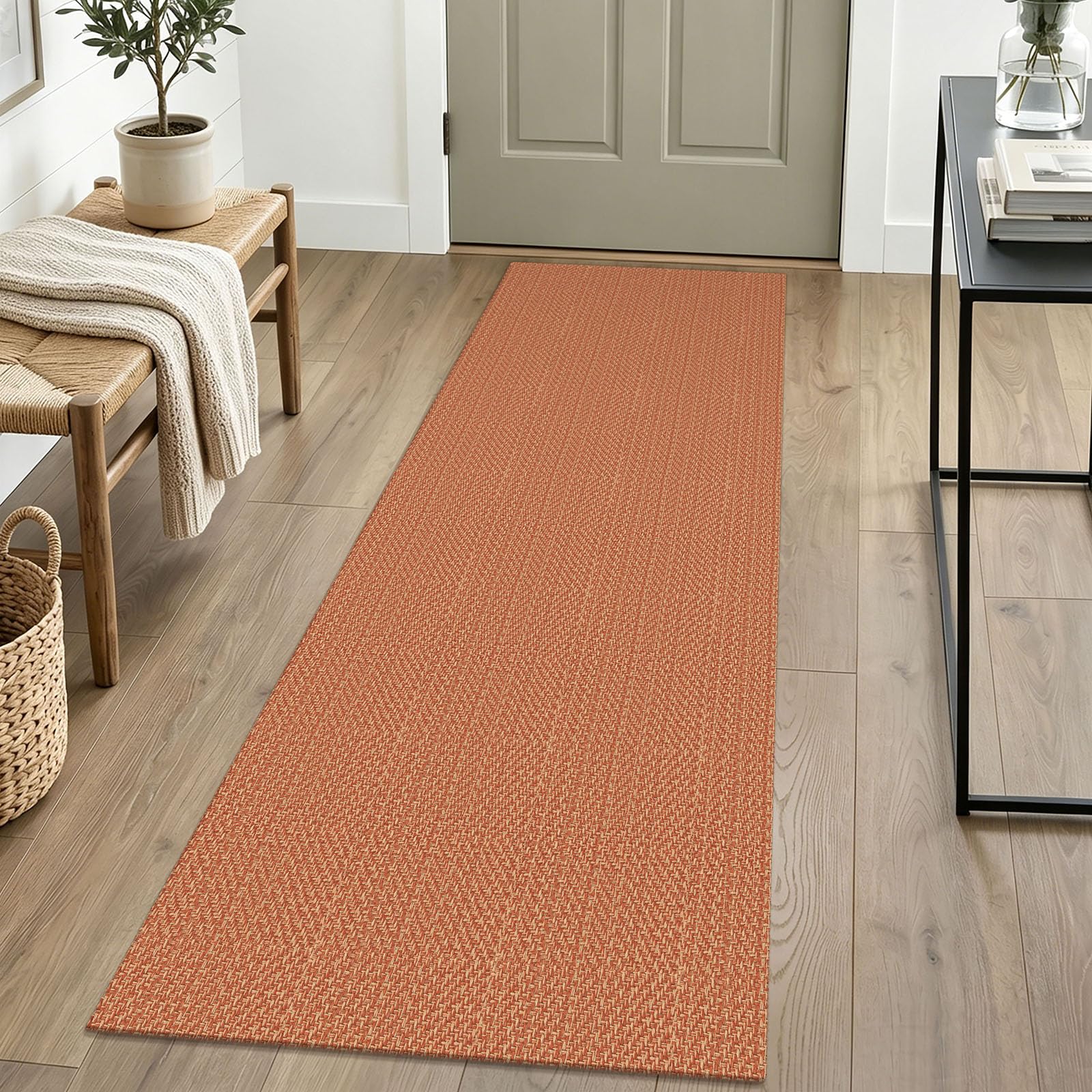 IOHOUZE Washable Runner Rug 2x6 Non Slip Runners for Hallways Entryway Runner Indoor, Kitchen Rugs Woven Cotton Floor Carpet for Kitchen Hall Entrance Bedroom, Rust Red/Natural