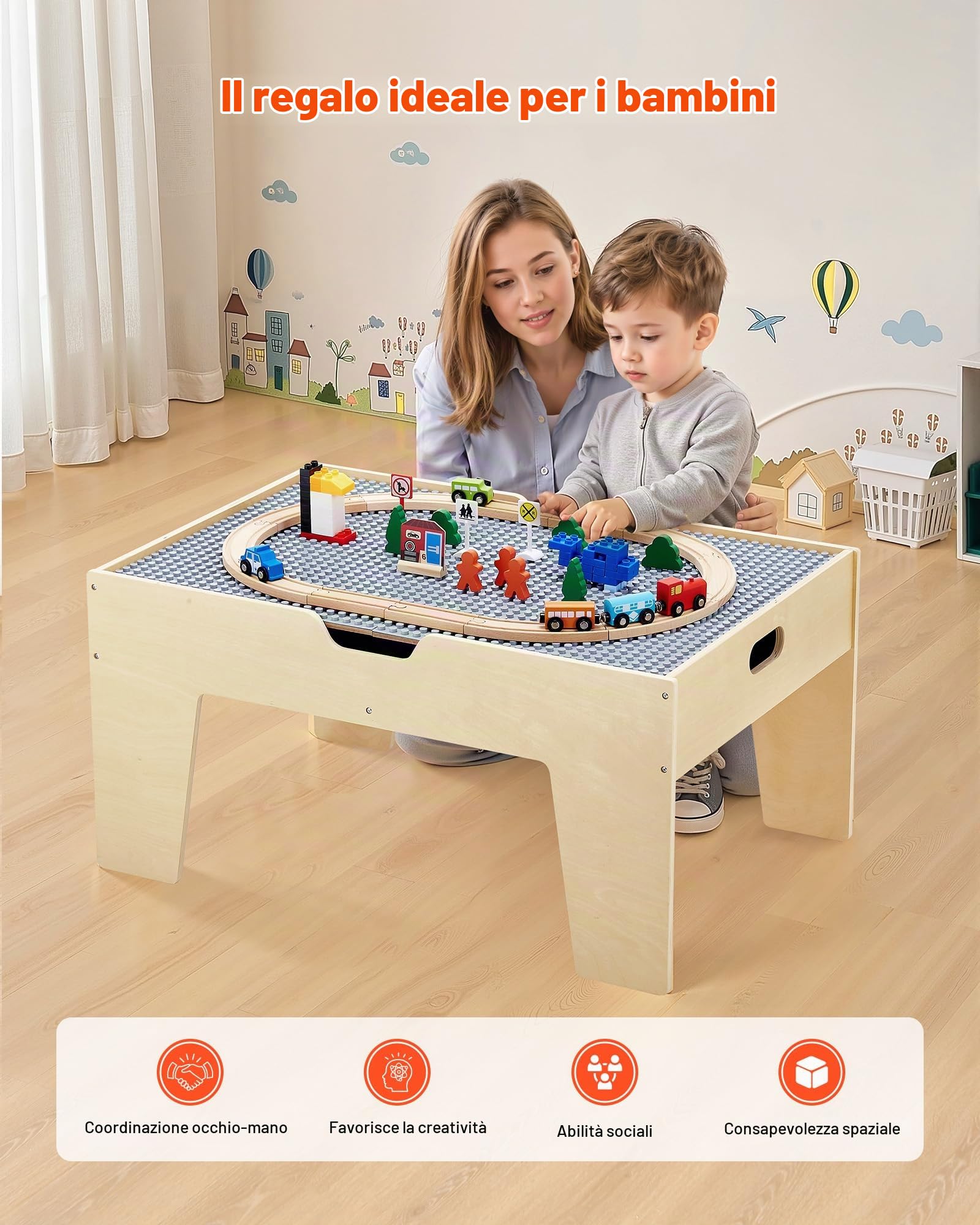 VEVOR Tavolo Ferroviario con Treni Binari Giocattolo, 290 Mattoncini da Costruzione e Set di Treni in Legno da 30 Pezzi, Tavolo da Gioco Multiuso in Legno, con Area di Stoccaggio per Bambini