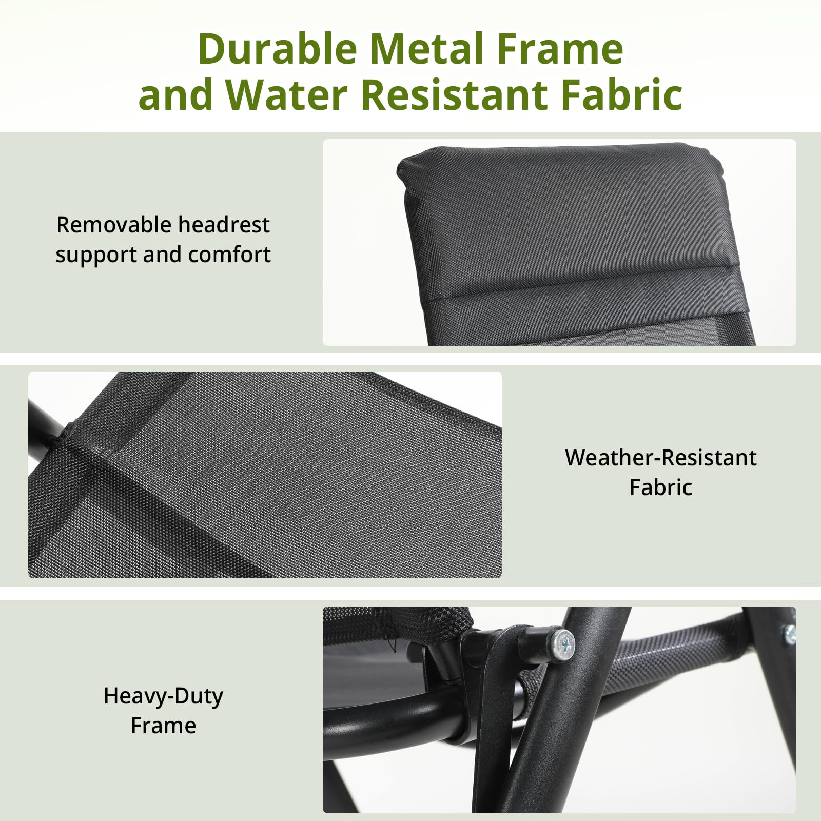VOWNER Pack de 2 Sillas de Jardín Plegables – Silla Exterior con Respaldo Alto y Reposacabezas Extraíble – Sillones de Jardín de Textileno Transpirable y Metal – Ideal para Terraza, Balcónm, Negro
