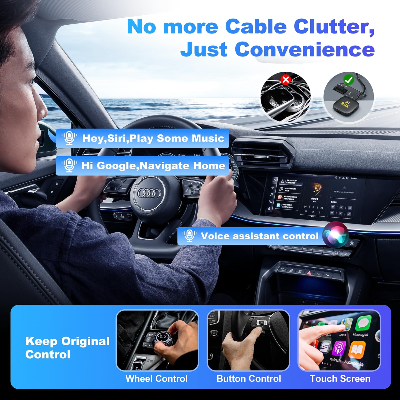 5in1 Wireless CarPlay& Android Auto Adapter mit Unterstützung für Netflix/YouTube,carPlay AI Box Convert Car Play Dongle TF Karte/USB Stick Magic Link für für iOS 10+/Android 11+ & Autos ab 2016