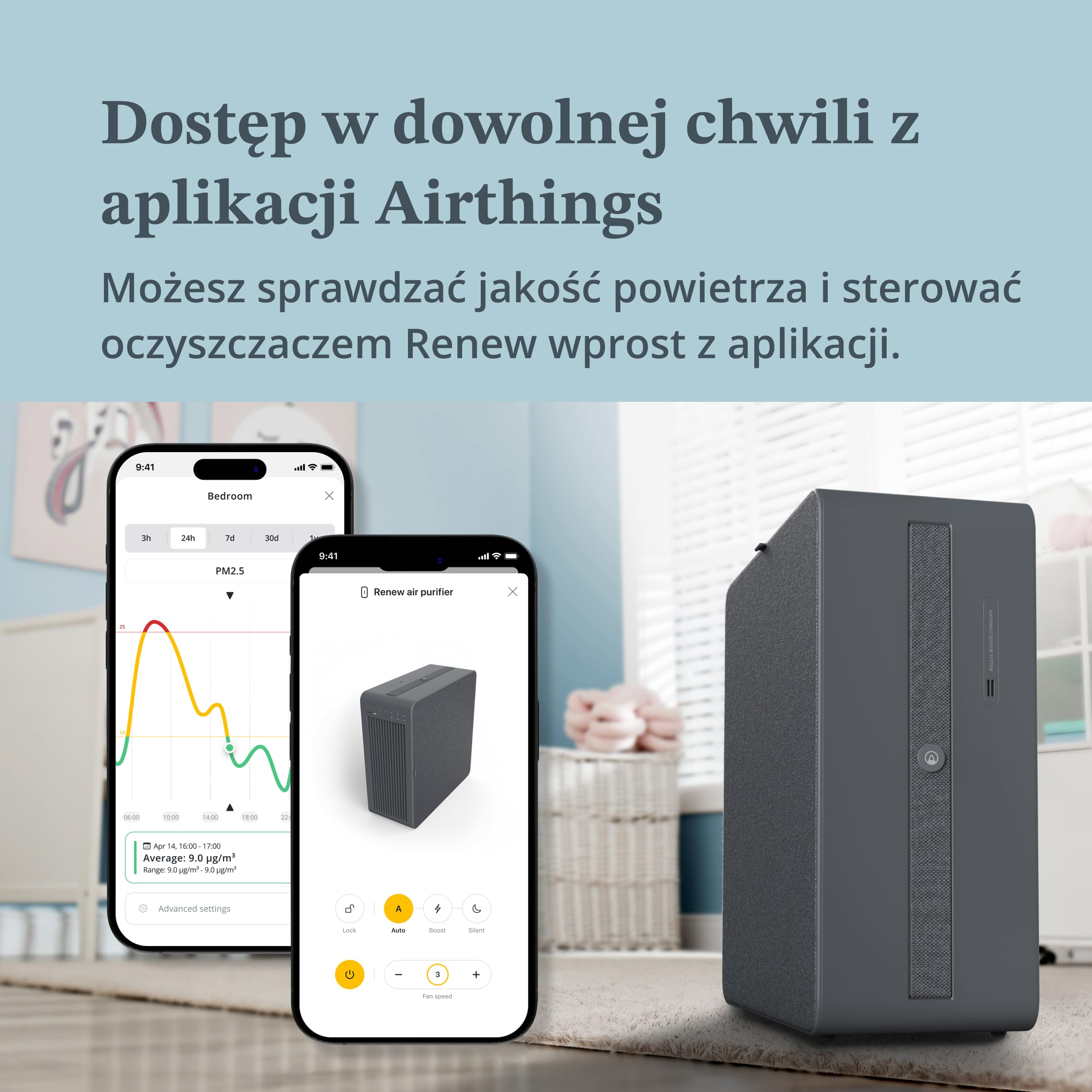 Airthings Renew - inteligentny oczyszczacz powietrza (do 49 m2) z filtrami HEPA-13 i węglowymi - z czujnikiem jakości powietrza i filtrami dla alergików, kurzu, sierści zwierząt, dymu...