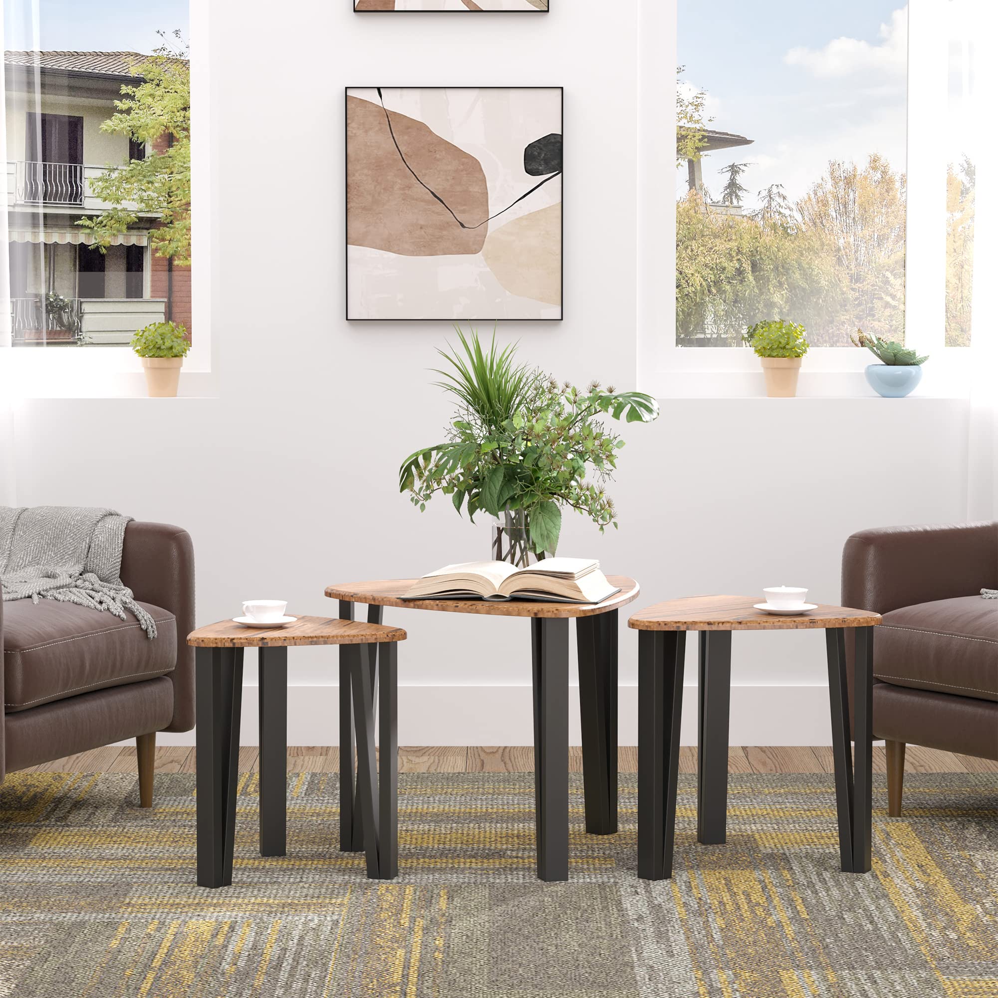 HOMCOM Ensemble de 3 Tables Basses gigognes encastrables Style Industriel piètements métal Noir en épingle Plateaux Aspect Bois de Noyer