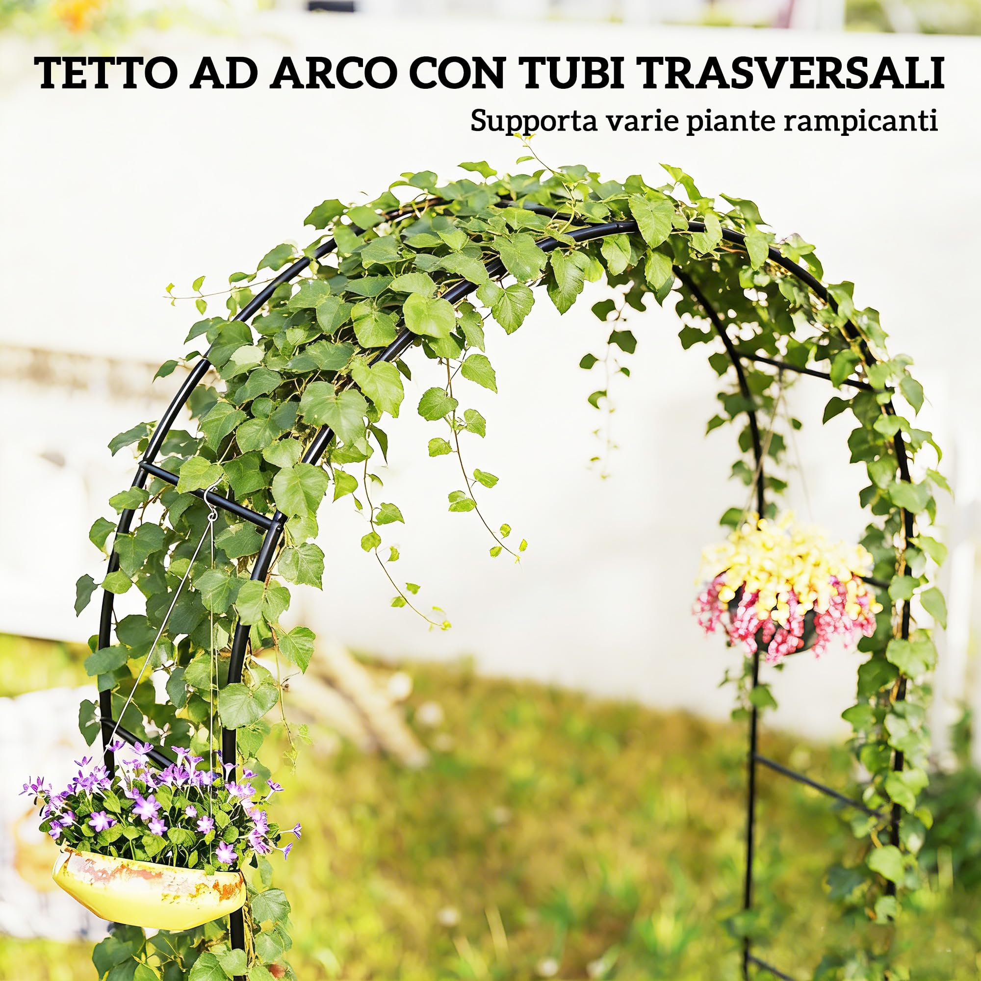 Outsunny Arco da Giardino in Metallo, Archetto Nuziale con Base per Piante Rampicanti per Cerimonie, Compleanni ed Eventi, 145x39x237 cm, Nero