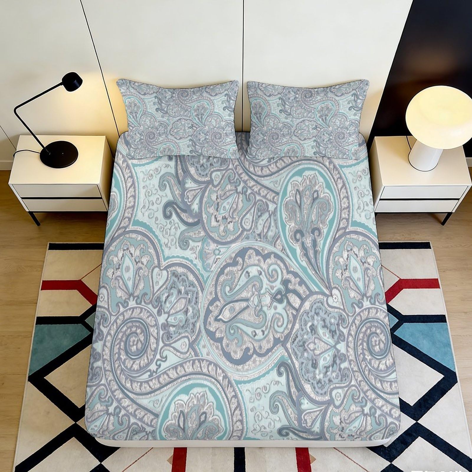 3D Printed Paisley Swirl Fitted Sheet Microfiber Soft Breathable Blue Boho Bed Cover for Bedroom Dorm Mattress Decor 90x200x25cm