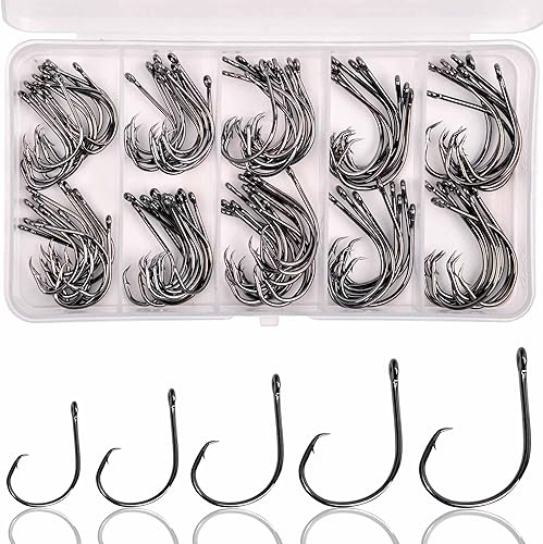 Miniatura 1 de Kit de anzuelos de pesca de círculo de agua salada, 100 piezas de gancho circular en línea, ganchos de acero de alto carbono, ojos rectos, punta de