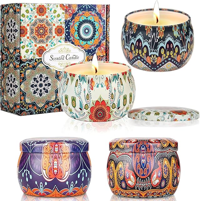 Scented Candles Gift Set for Women, 4 Pack Natural Soy Wax Aromatherapy Vanilla,Lavender,Rose,Freesia 4.4 Oz Travel Tin Fragrance Relaxing Stress Relief Aroma Home Yoga