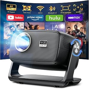 Proyector 4K, Proyector Portatil WiFi 6 y Bluetooth 5.4, 30000 Lúm Projector de Cine Soporte Enfoque Automático y Rotación 180°, Projector para Teléfono/TV Stick/PC/PS5