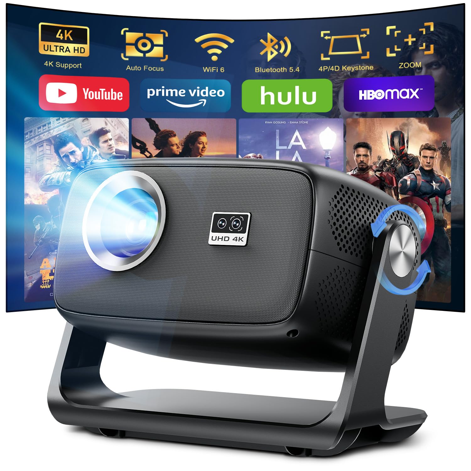 Proiettore 4K Smart TV 30000 Lumen, Proiettore Portatile WiFi 6 Bluetooth 5.4, Autofocus e Correzione Trapezoidale 6D, Android 14, Videoproiettore per Cellulare/HDMI/USB/TV Stick/PC/PS5, Rotate a 180°