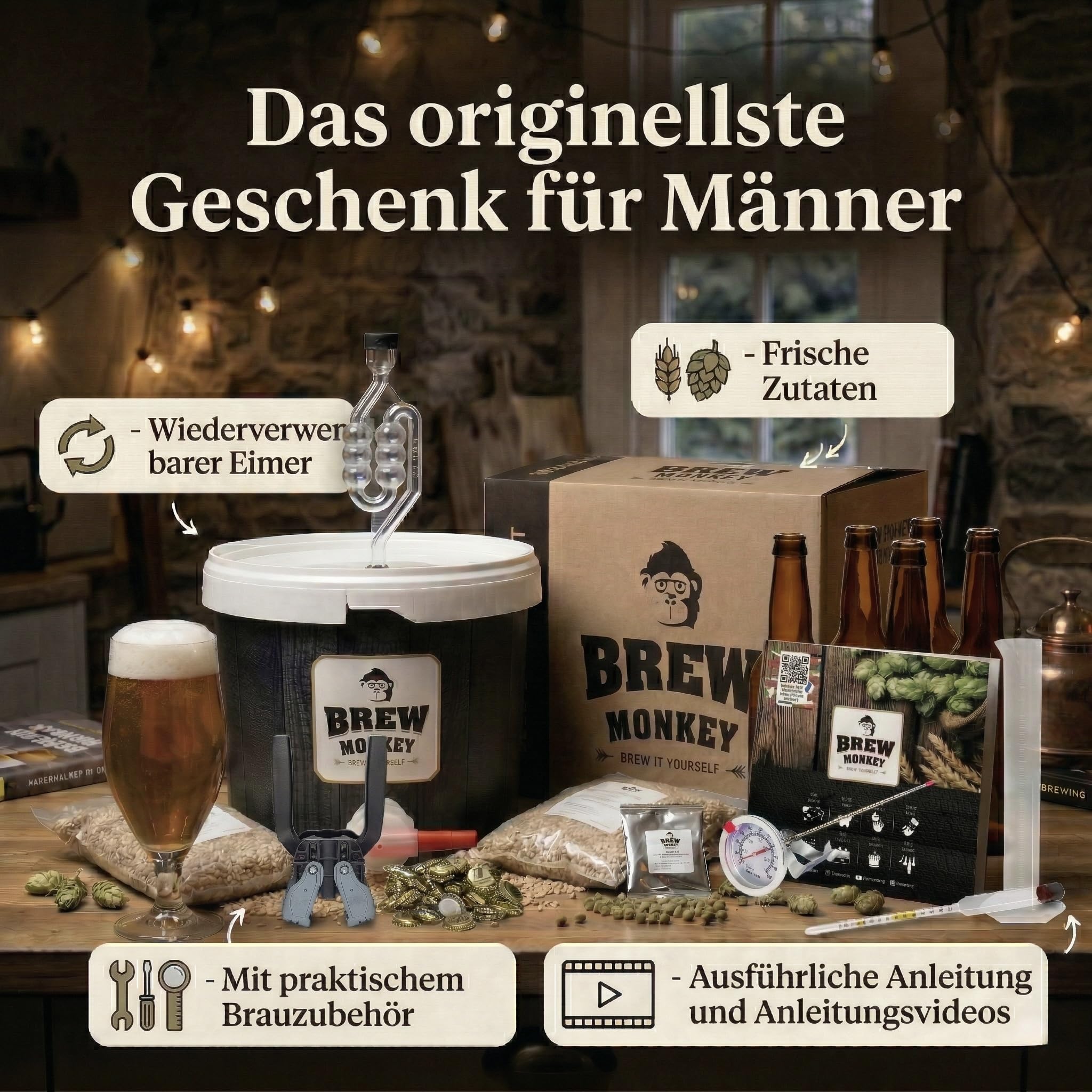 Brew Monkey Juego de cerveza rubio claro – Juego de cerveza Platinum para 5 litros de cerveza, 6,4% vol., cerveza casera, regalo para hombres, regalo de cumpleaños, regalo para papá