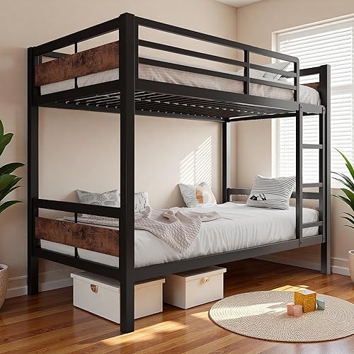 iPormis Metal Bunk Bed Twin Over Twin, HeHeavy Duty Bunk with High Guardrail and Safety Entrance Design, Under-Bed Storage Space, No Box Spring Needed, Noise Free, Vintage Brown