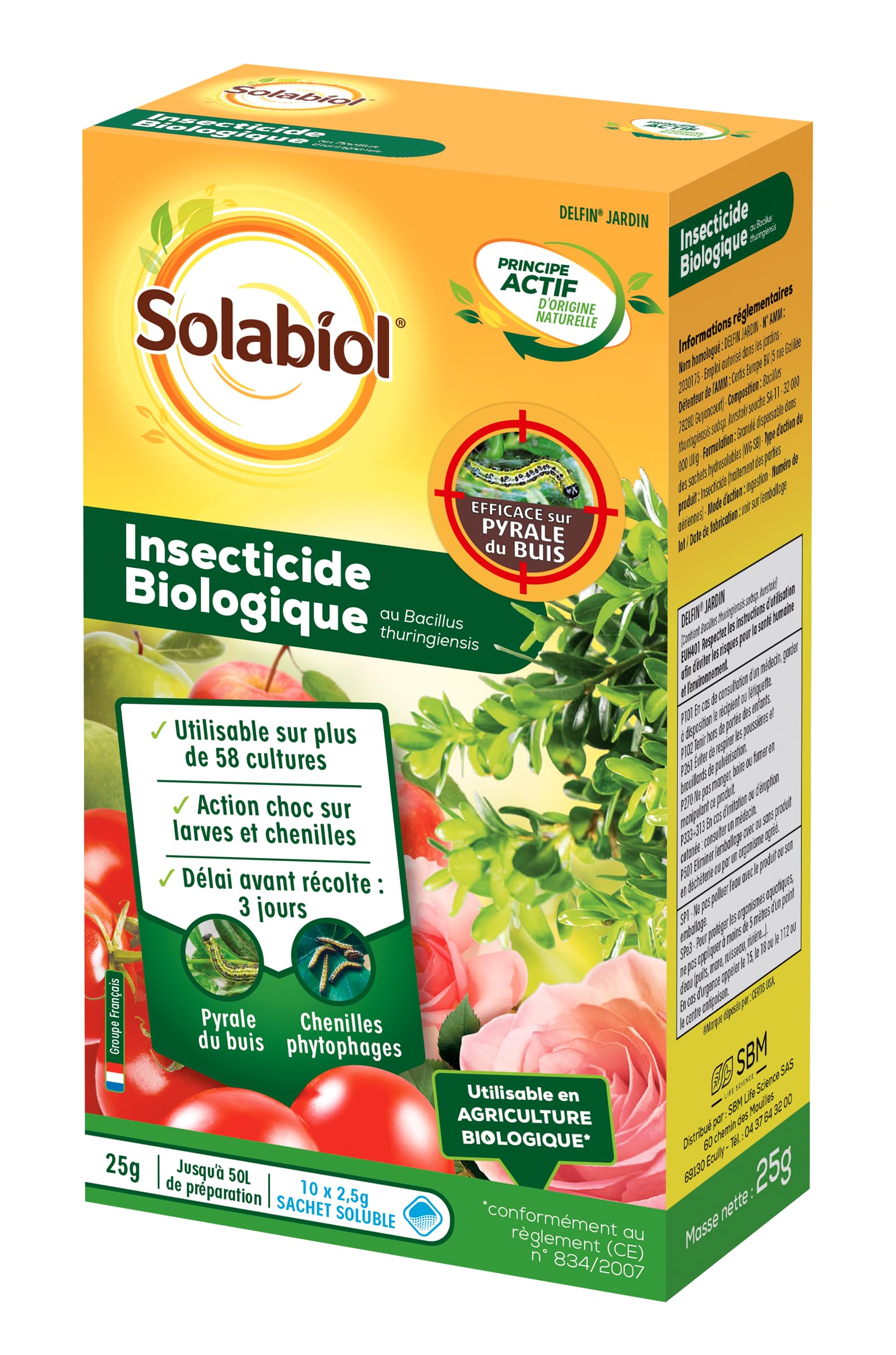 SOLABIOL Insecticide Biologique - Action Choc Sur Larves & Chenilles - Agit Par Ingestion - 25g - 10 Sachets De 2,​5g - 50L De Préparation - Utilisable En Agriculture Biologique SOBIOJ25