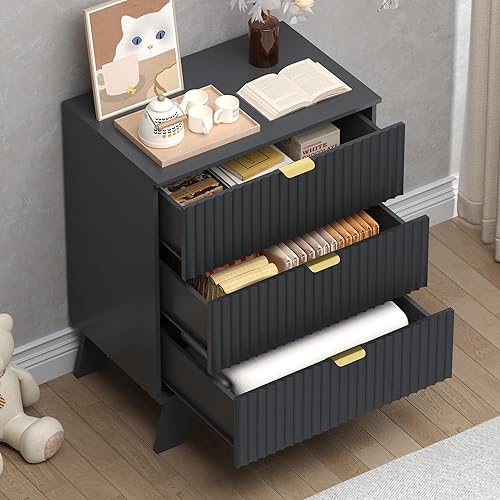 Miniatura 4 de Cómoda acanalada de 3 cajones, 30.3 pulgadas de alto, cómoda bohemia compacta y moderna, armario de almacenamiento de madera para dormitorio, sala