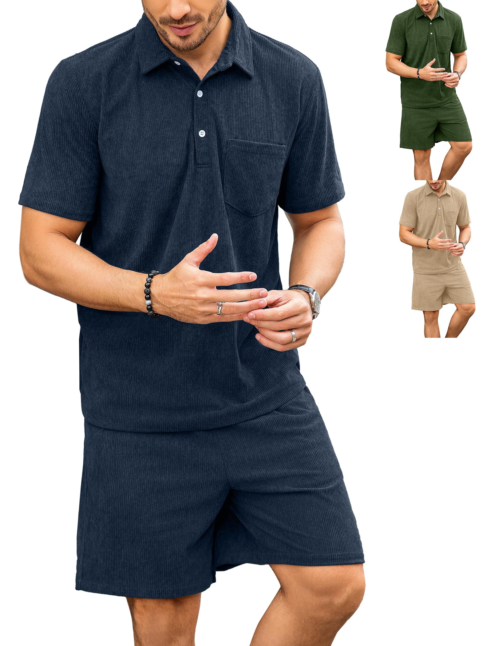 ZAFUL Men‘s 2 Pieces Sets Outfits Summer Beach Set Short Sleeve Button Down Zip Up Shirt And Short Sets