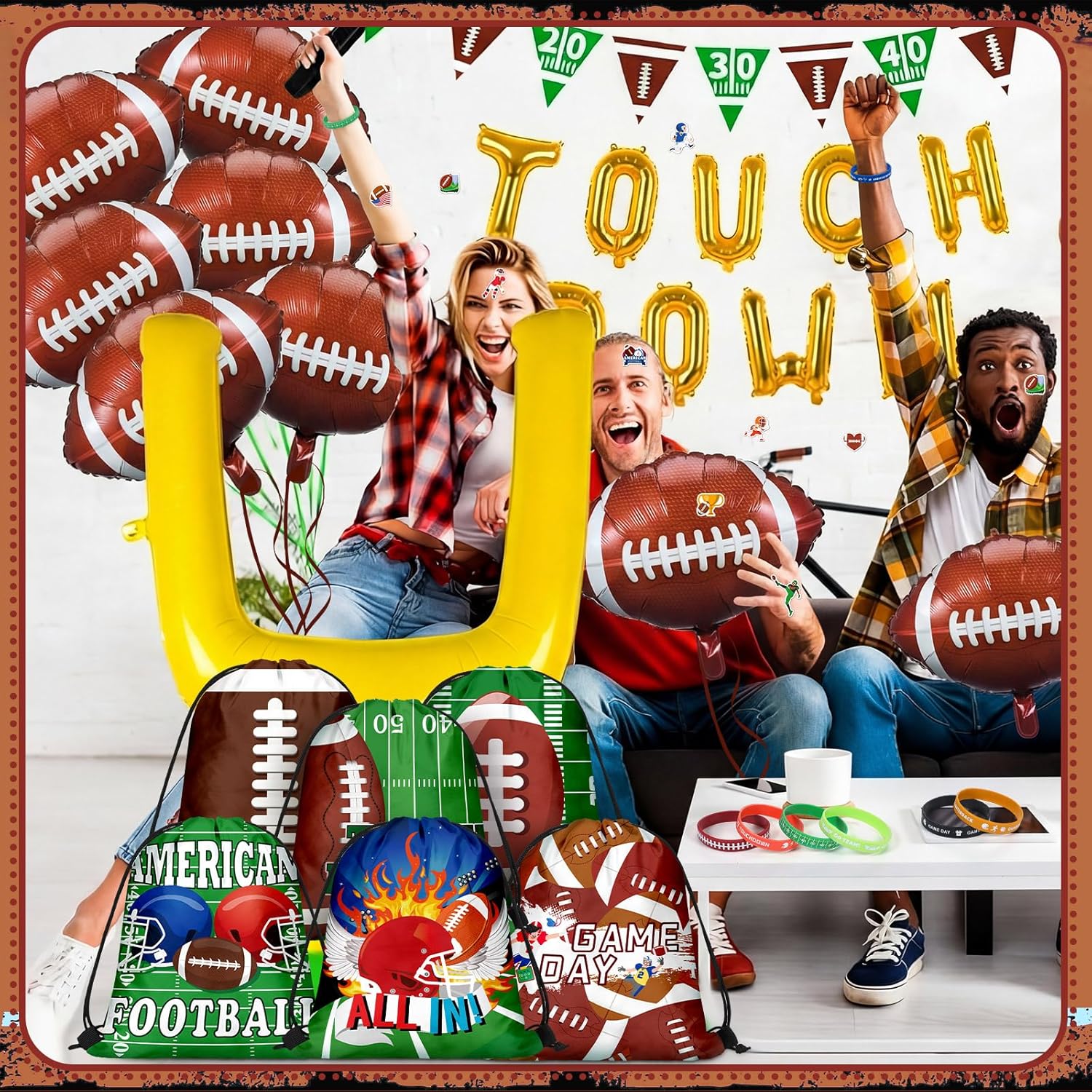 196 Pcs Football Party Favors Drawstring Bags Football Gift Goodie Bag Stuffers Wristband Keychains Sticker Balloon for Birthday Party Team Gift Rewards Supplies