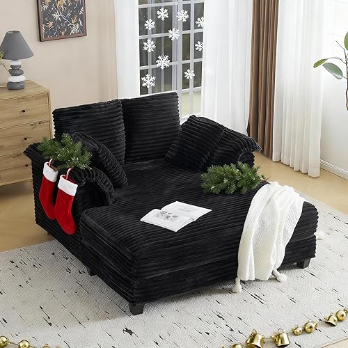 VINGLI 56" Oversized Chaise Lounge Chair, Black Comfy Corduroy Chaise Sofa Recliner Bed Upholstered Sleeper Couch Bed with Throw Pillows and Armrests for Living Room, Movie Room, Bedroom