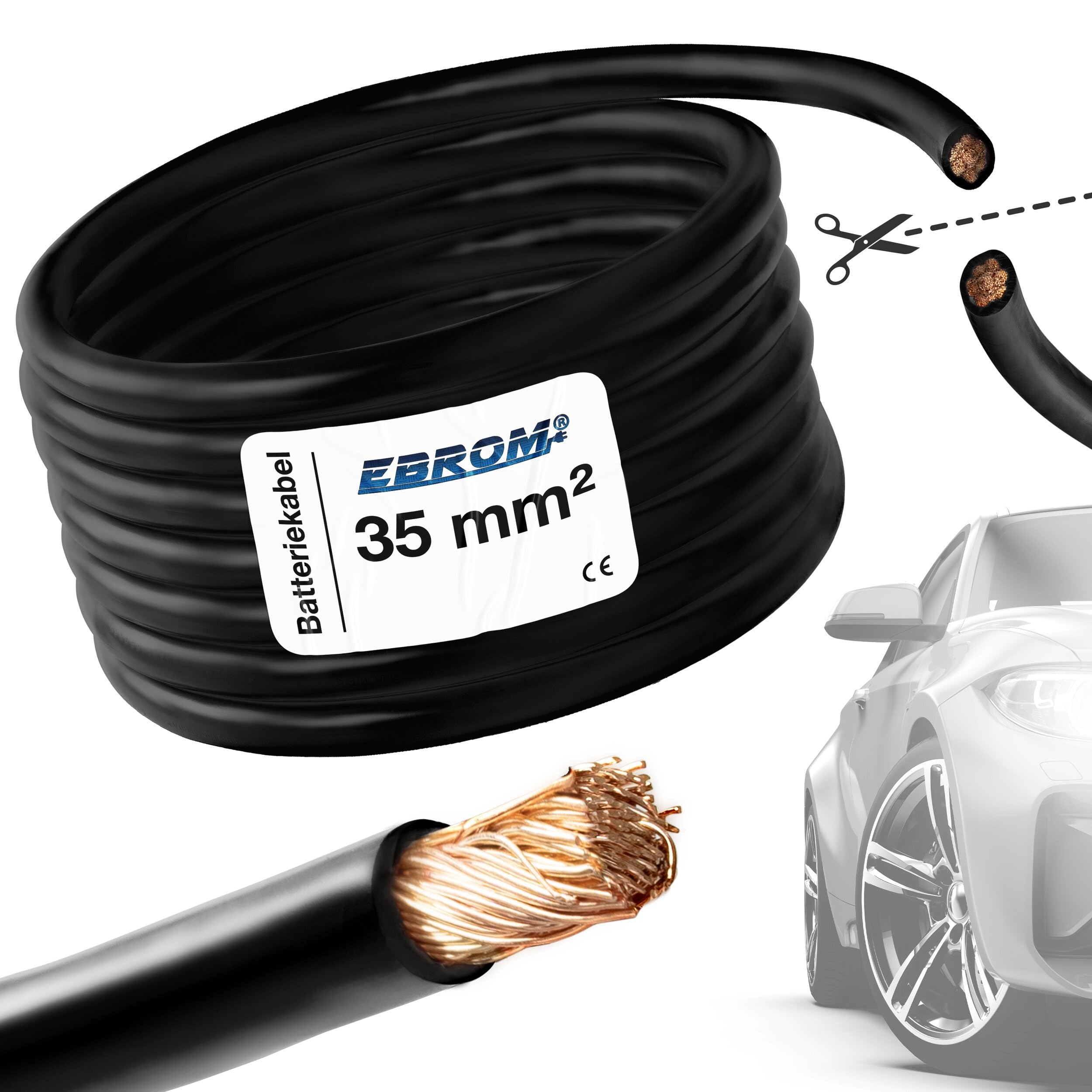 EBROM FLY przewód samochodowy do samochodu, kabel do akumulatora – przekrój 35 mm² – towar sprzedawany na metry – elastyczny 90 ± 5 Shore, 100% miedź, specjalny płaszcz PCW FLY FLRy – kabel