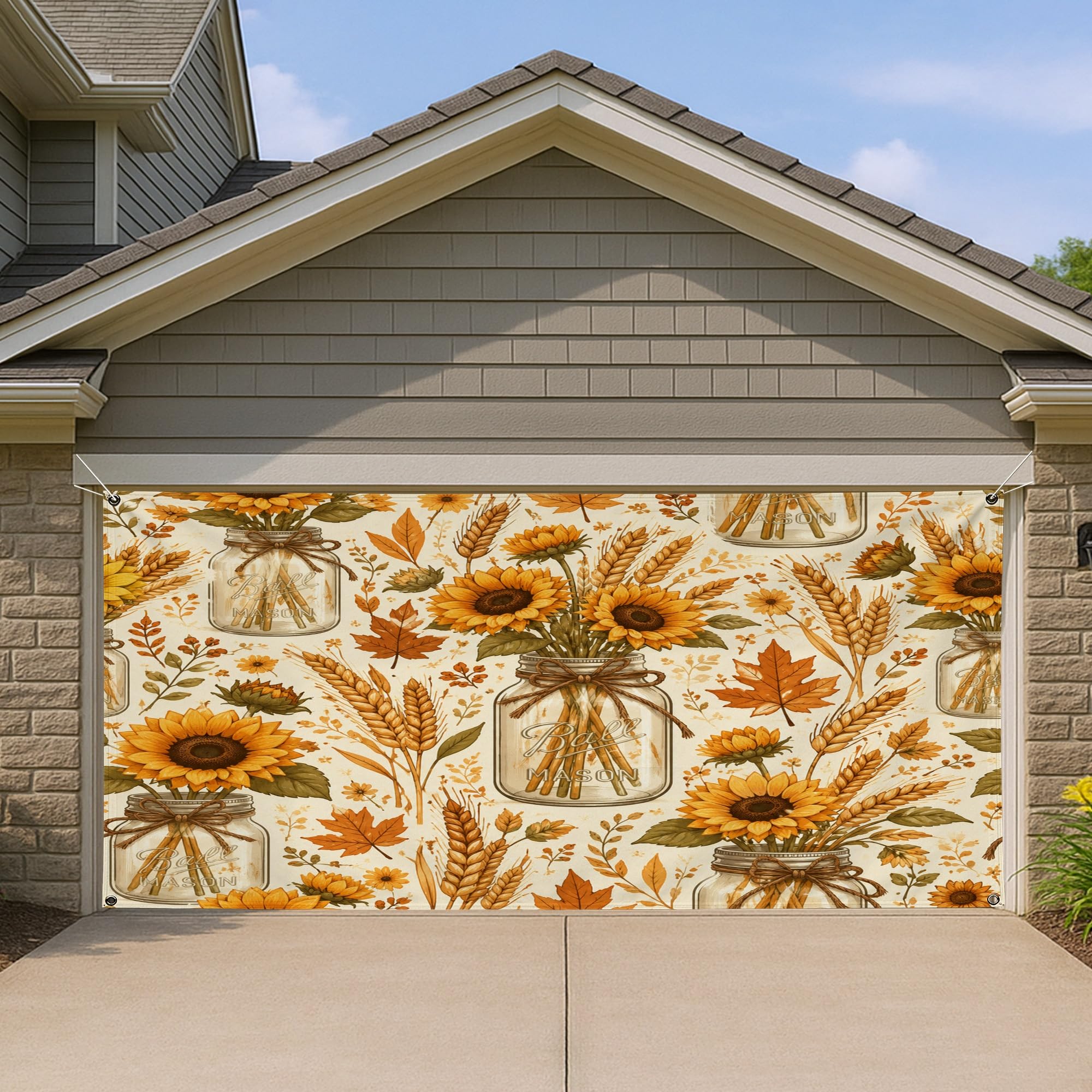 Cache-porte de garage tournesol pour masquer et embellir une façade d'automne