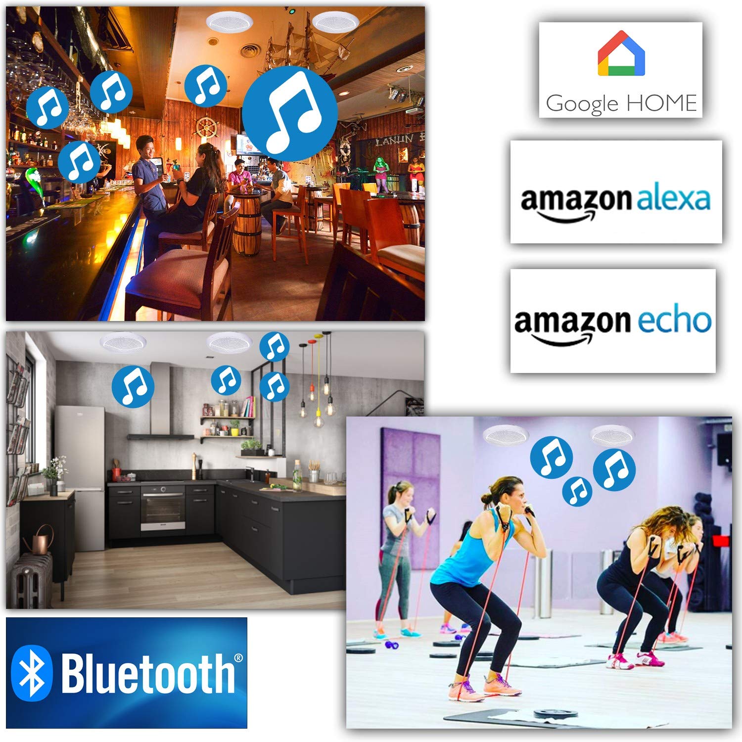 e Audio Haut-parleurs 80W Plafond encastrable Waterproof HiFi amplifiée Compatible Smartphone Google Home Bluetooth Amazon Alexa Echo