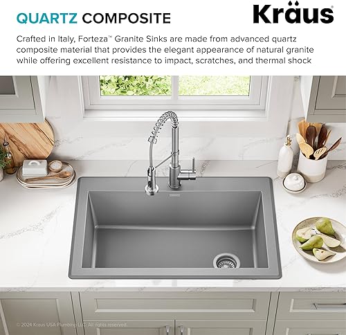 Miniatura 5 de Kraus - Fregadero de cocina de granito Forteza, 33 pulgadas, gris KGD-54GREY