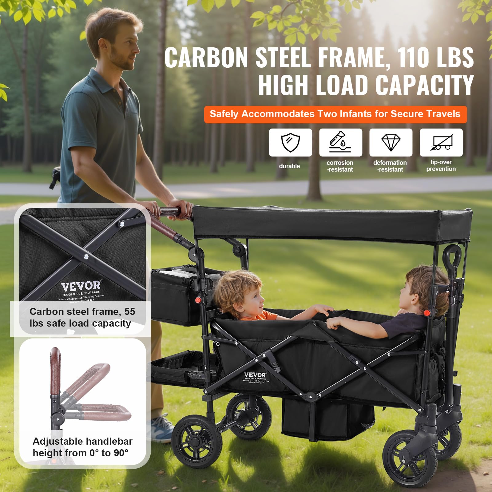 VEVOR Passeggino Wagon per 2 Bambini Pieghevole con Maniglia Regolabile, Tettuccio Rimovibile, Imbracatura Circolare, 4 Ruote con Freni, Multifunzione per Campeggio, Nero