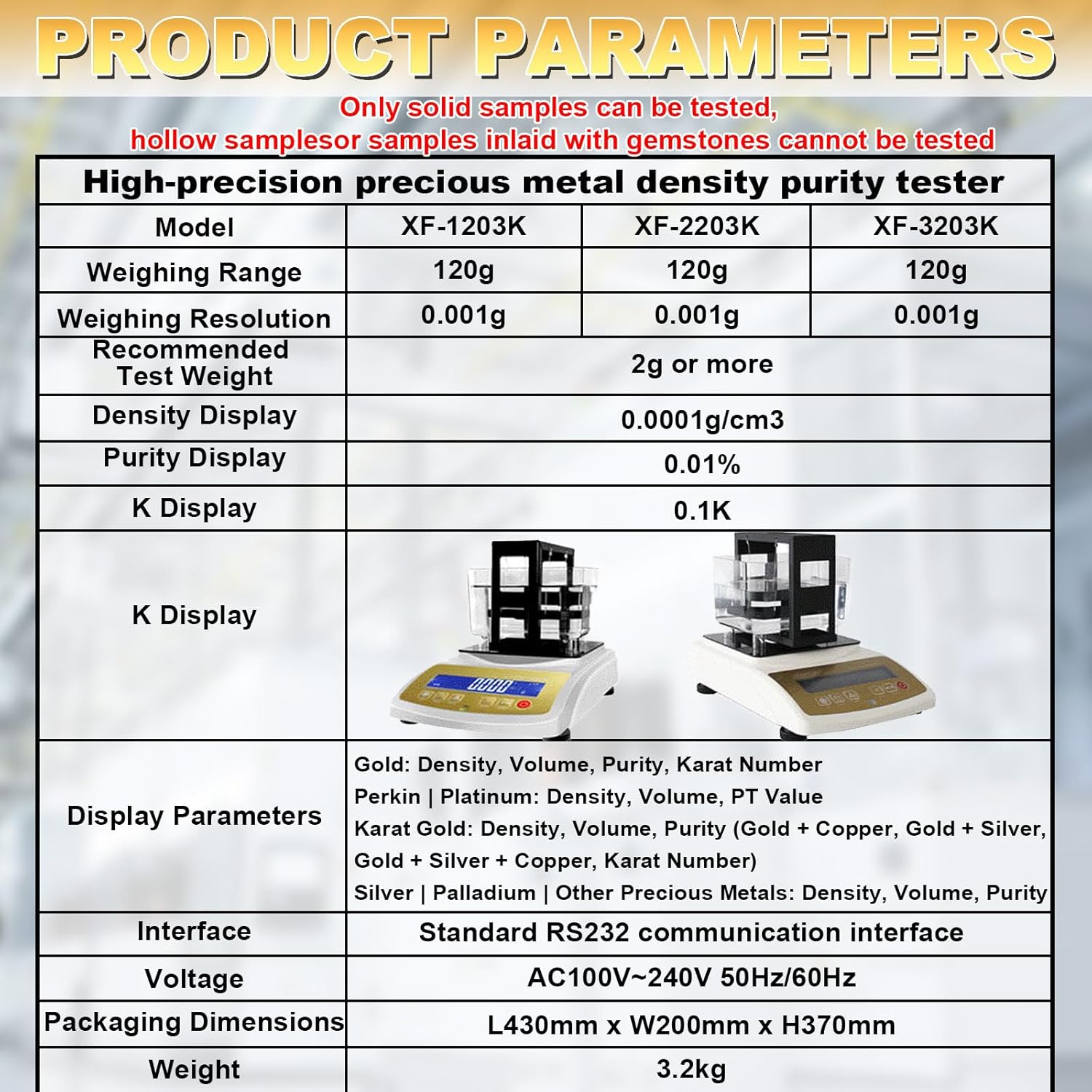Gold Tester | Precious Metal Authenticity Detector,Purity Density Meter, Gold,Platinum Tester,Accuracy 0.01g/0.001gcm3,Suitable for Jewelry Industry XF-2203K