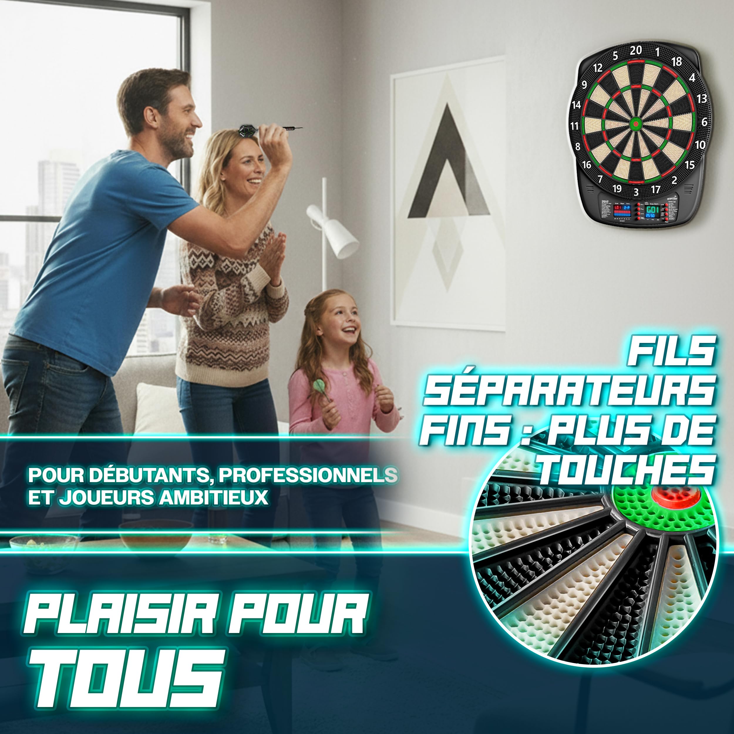 RE:SPORT® Cible de fléchettes électronique professionnelle avec 12 flèches + 24 ailettes Pro + 100 pointes de fléchettes et accessoires | Machine à fléchettes E pour 1 à 8 joueurs avec 427 variantes |
