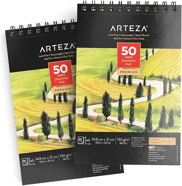 Arteza Drawing Pad A5 (148x210 mm), 2 Pack, Two Spiral Bound Artist Drawing Books, 50 Sheets Each (130g), Durable Acid Free Sketch Paper, for Beginners & Experts