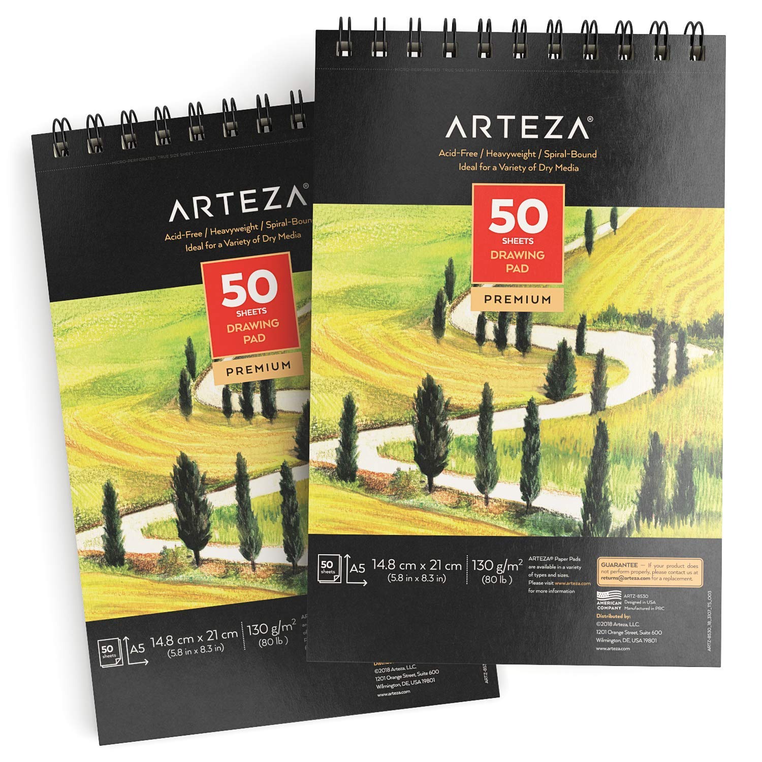 Arteza Cuadernos de dibujo A5 | Pack de 2 blocs de 50 hojas cada uno | Papel grueso de 130g con 14,8 x 21cm | para dibujo artístico con medios secos