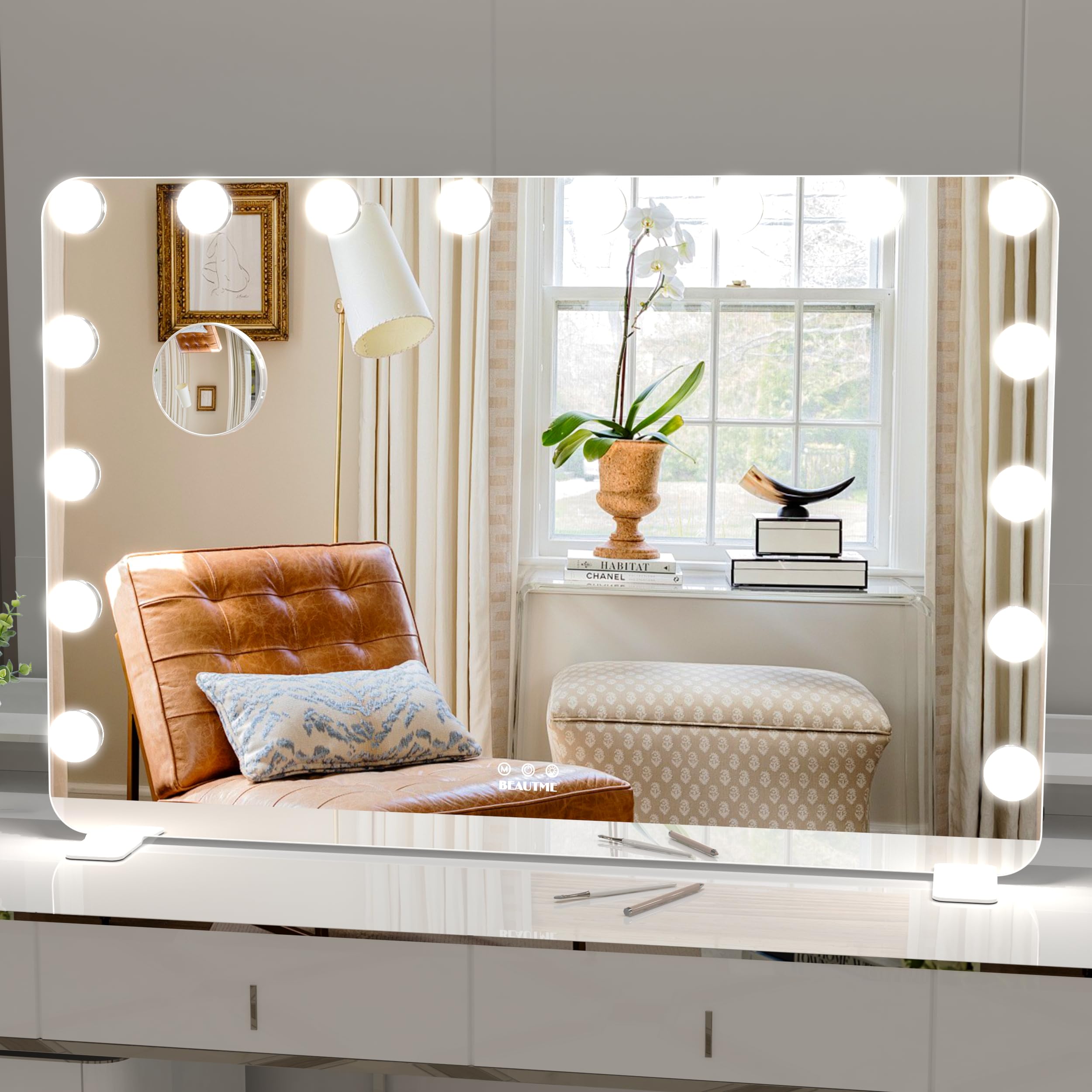 ANYHI Specchio da trucco con luci, 91 x 62 cm, illuminato Hollywood, con 16 lampadine dimmerabili, da parete o da toeletta con lente d'ingrandimento 10x, 3 modalità di colore, angolo rotondo (bianco)