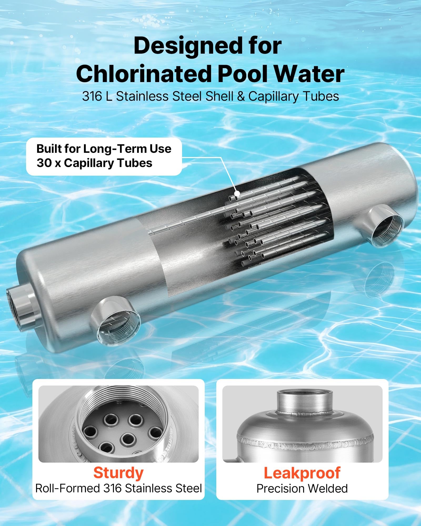 VEVOR Scambiatore di Calore per Piscina 210K BTU, Scambiatore in Acciaio inox 316L, Sistema di Riscaldamento ad Alta Efficienza per Piscina, Spa e Vasche Idromassaggio, per Uso Interno ed Esterno